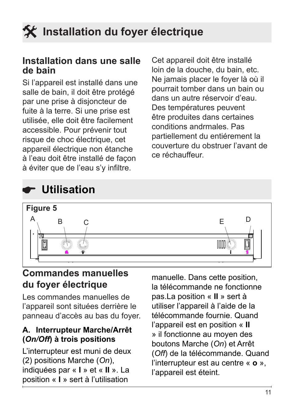 Utilisation, Installation du foyer électrique, Installation dans une salle de bain | Commandes manuelles du foyer électrique | Dimplex DF2622SS User Manual | Page 31 / 63