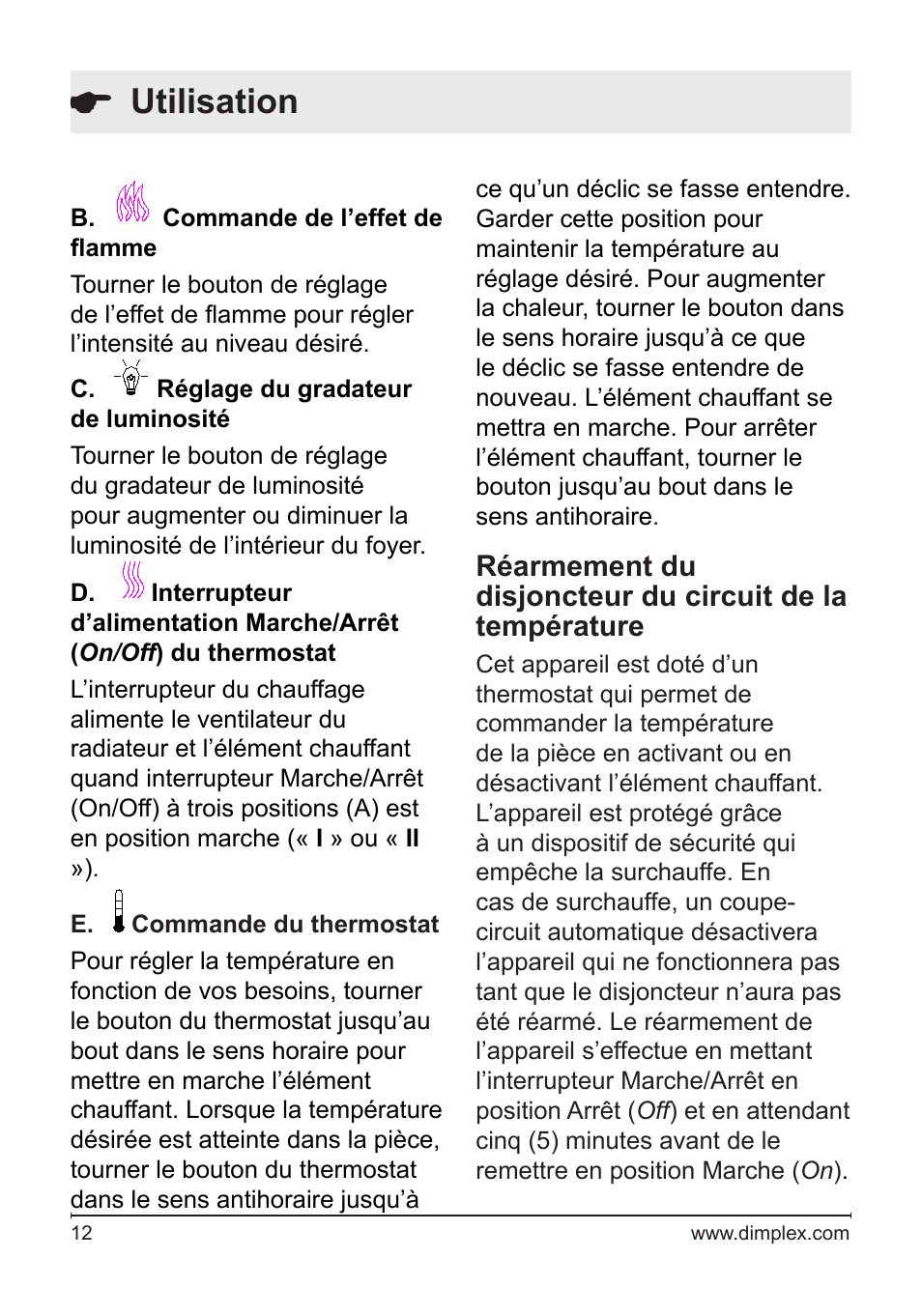 Utilisation | Dimplex DF2622SS User Manual | Page 32 / 63