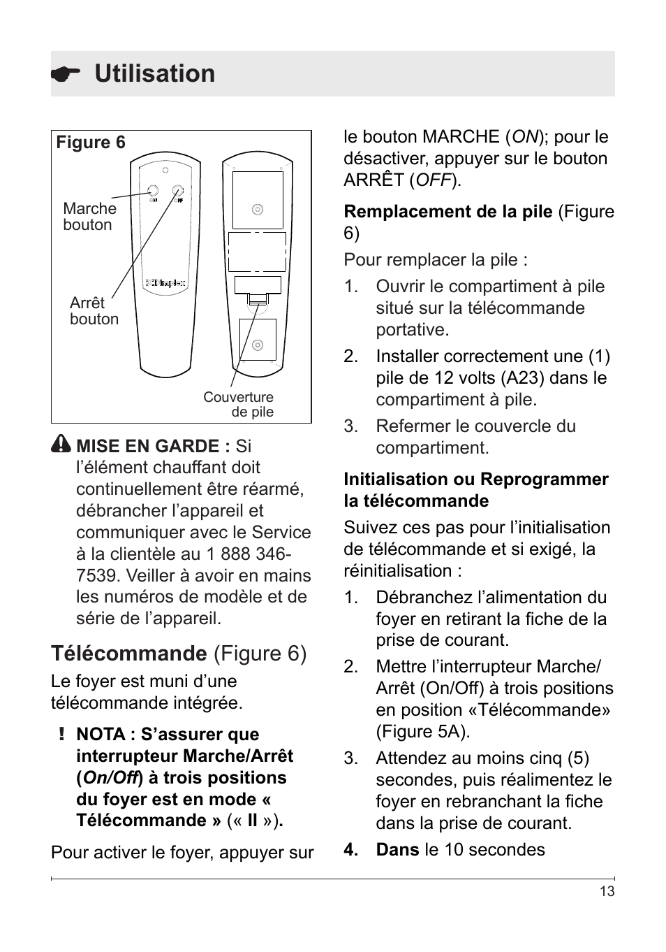 Utilisation, Télécommande (figure 6) | Dimplex DF2622SS User Manual | Page 33 / 63