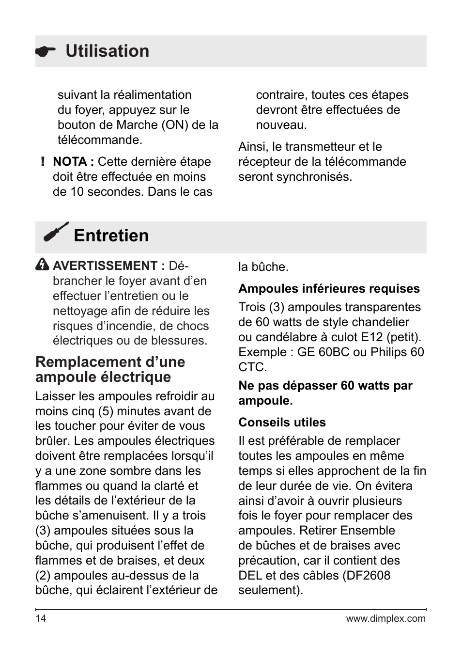 Entretien, Utilisation, Remplacement d’une ampoule électrique | Dimplex DF2622SS User Manual | Page 34 / 63