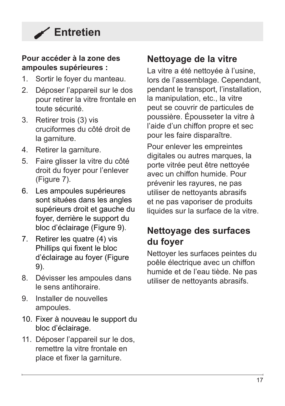 Entretien, Nettoyage de la vitre, Nettoyage des surfaces du foyer | Dimplex DF2622SS User Manual | Page 37 / 63