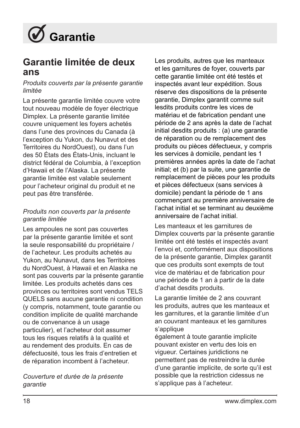 Garantie, Garantie limitée de deux ans | Dimplex DF2622SS User Manual | Page 38 / 63