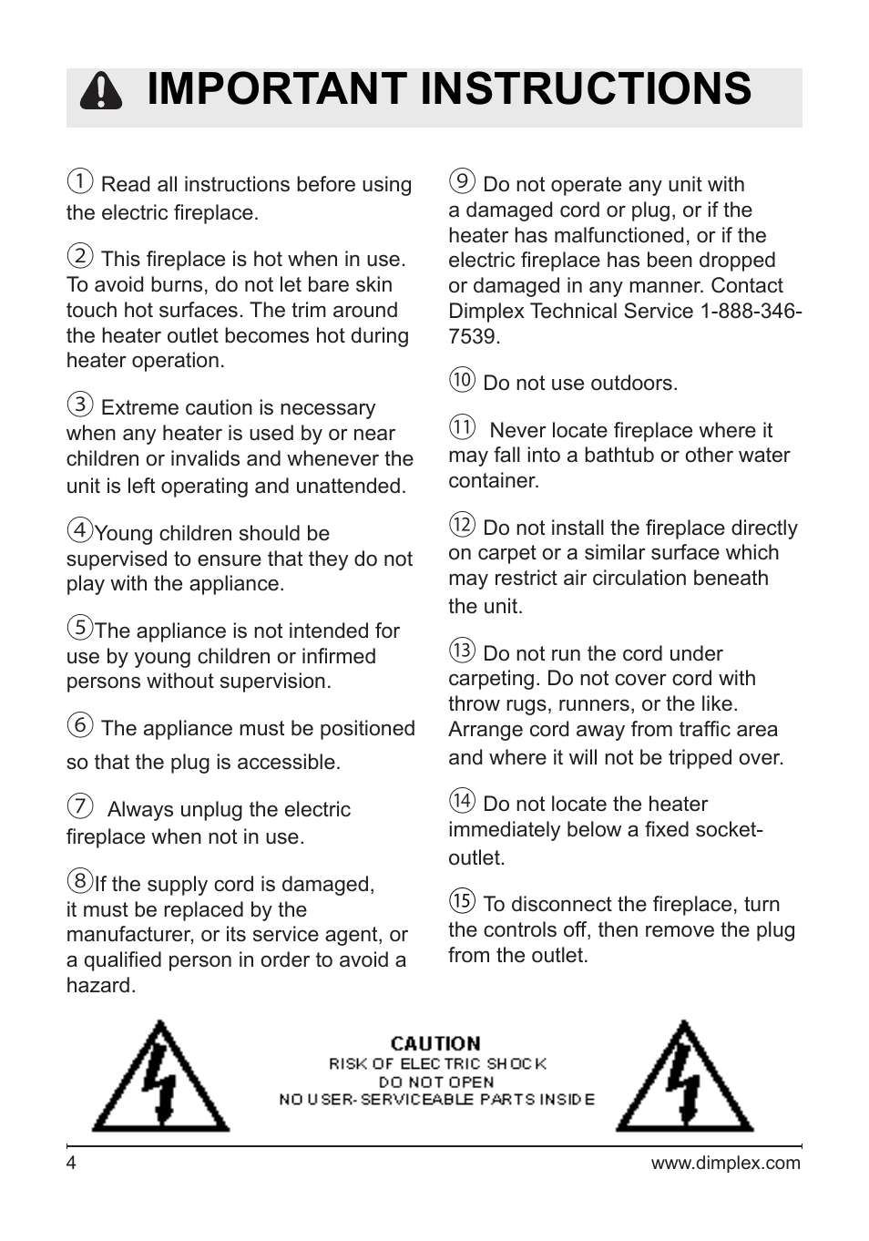 Important instructions | Dimplex DF2622SS User Manual | Page 4 / 63