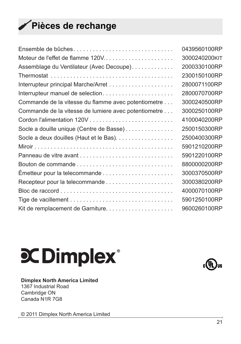 Pièces de rechange | Dimplex DF2622SS User Manual | Page 41 / 63