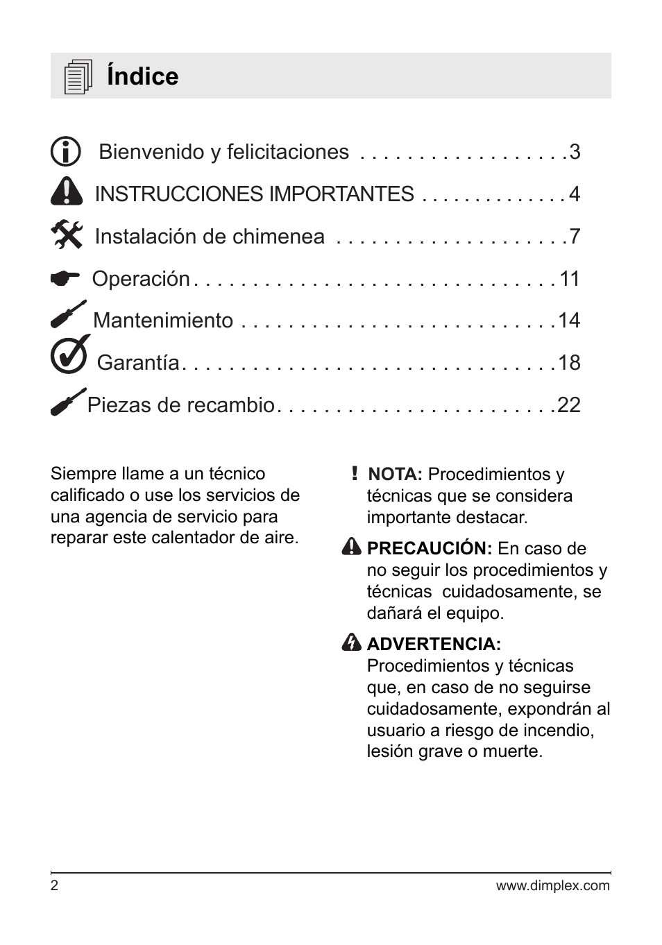 Índice | Dimplex DF2622SS User Manual | Page 43 / 63