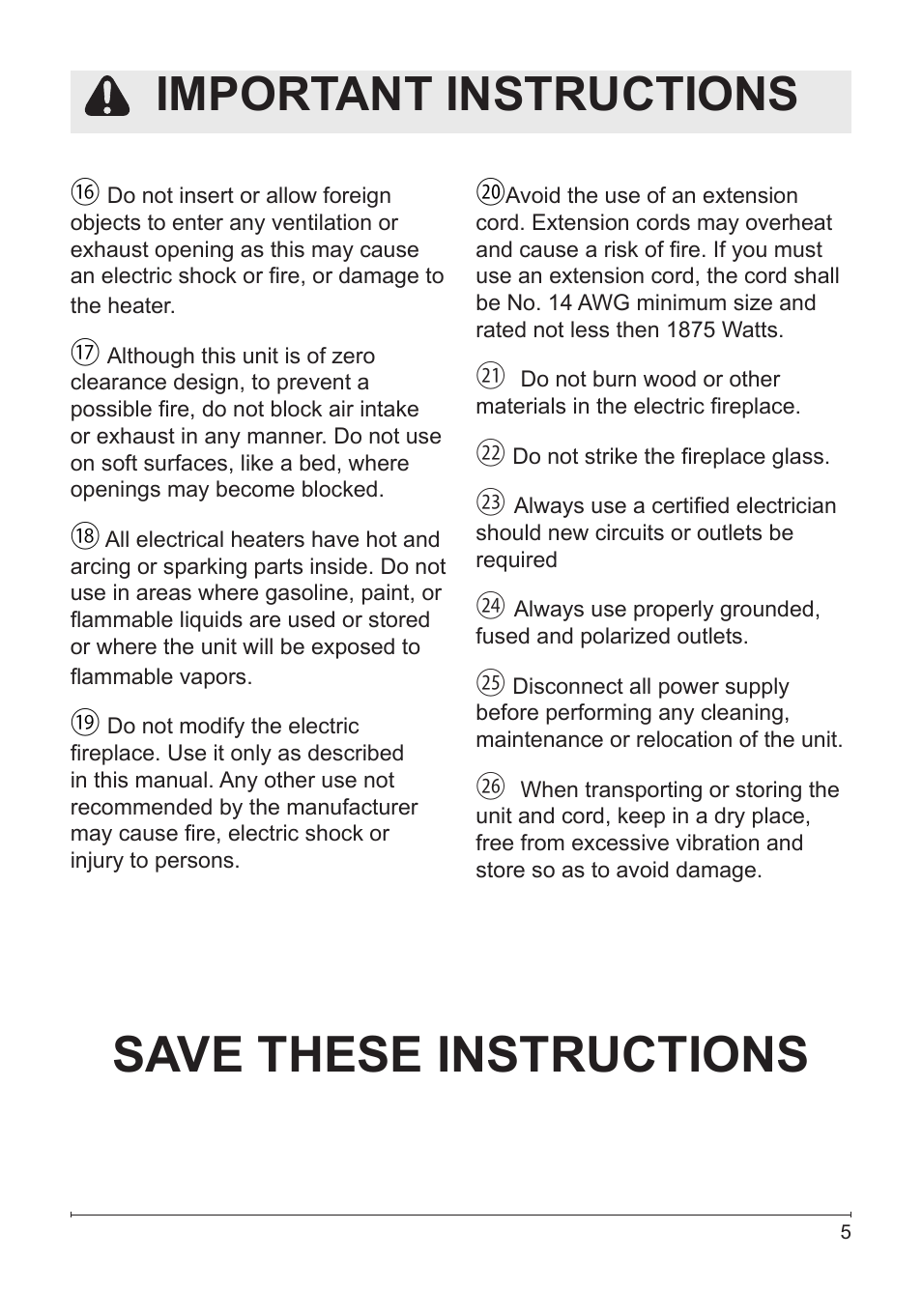 Save these instructions, Important instructions | Dimplex DF2622SS User Manual | Page 5 / 63