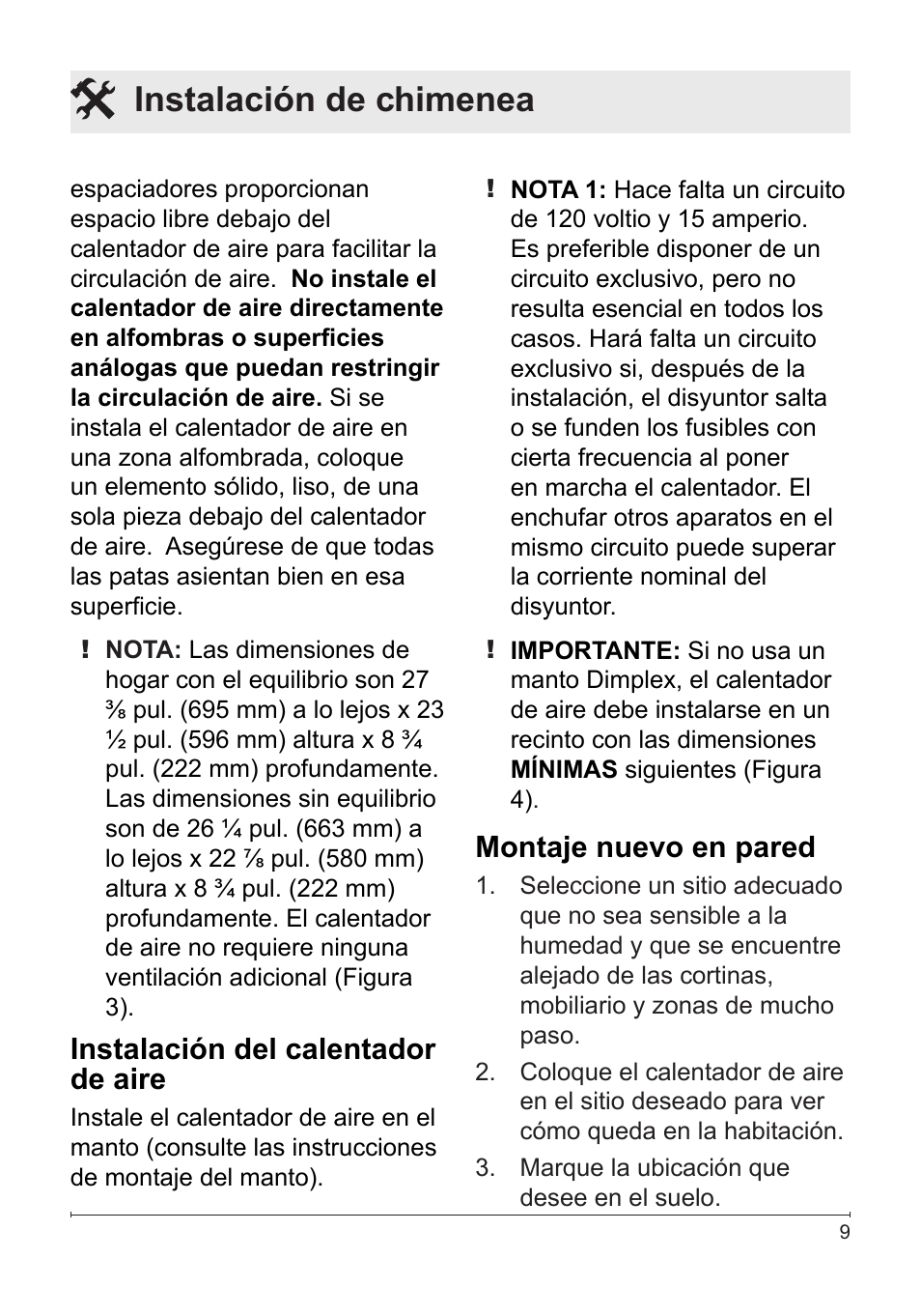 Instalación de chimenea, Instalación del calentador de aire, Montaje nuevo en pared | Dimplex DF2622SS User Manual | Page 50 / 63