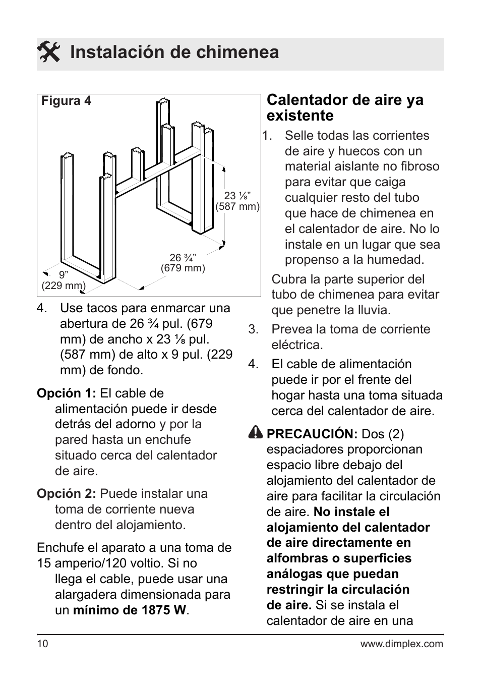 Instalación de chimenea, Calentador de aire ya existente | Dimplex DF2622SS User Manual | Page 51 / 63