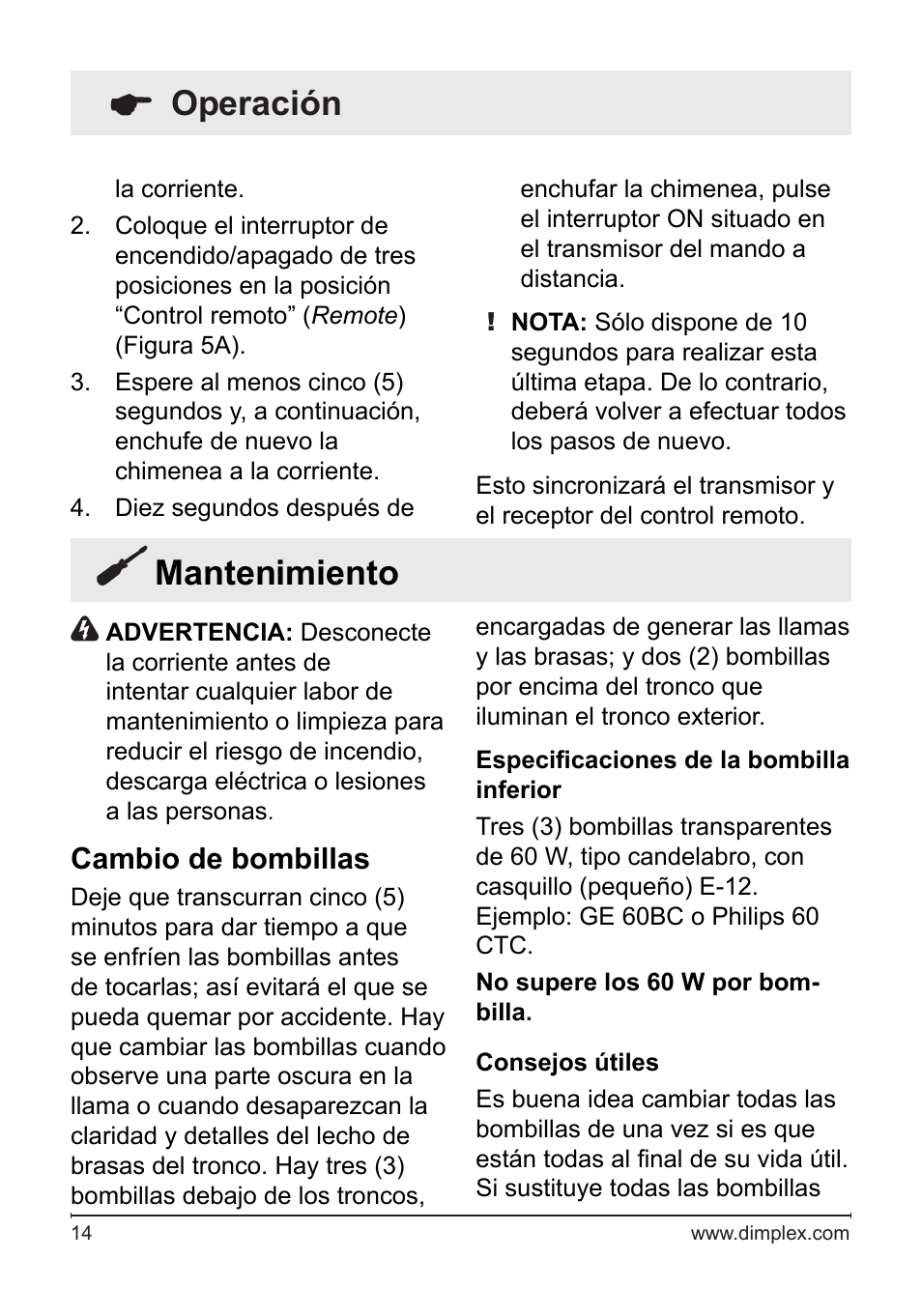 Mantenimiento, Operación, Cambio de bombillas | Dimplex DF2622SS User Manual | Page 55 / 63
