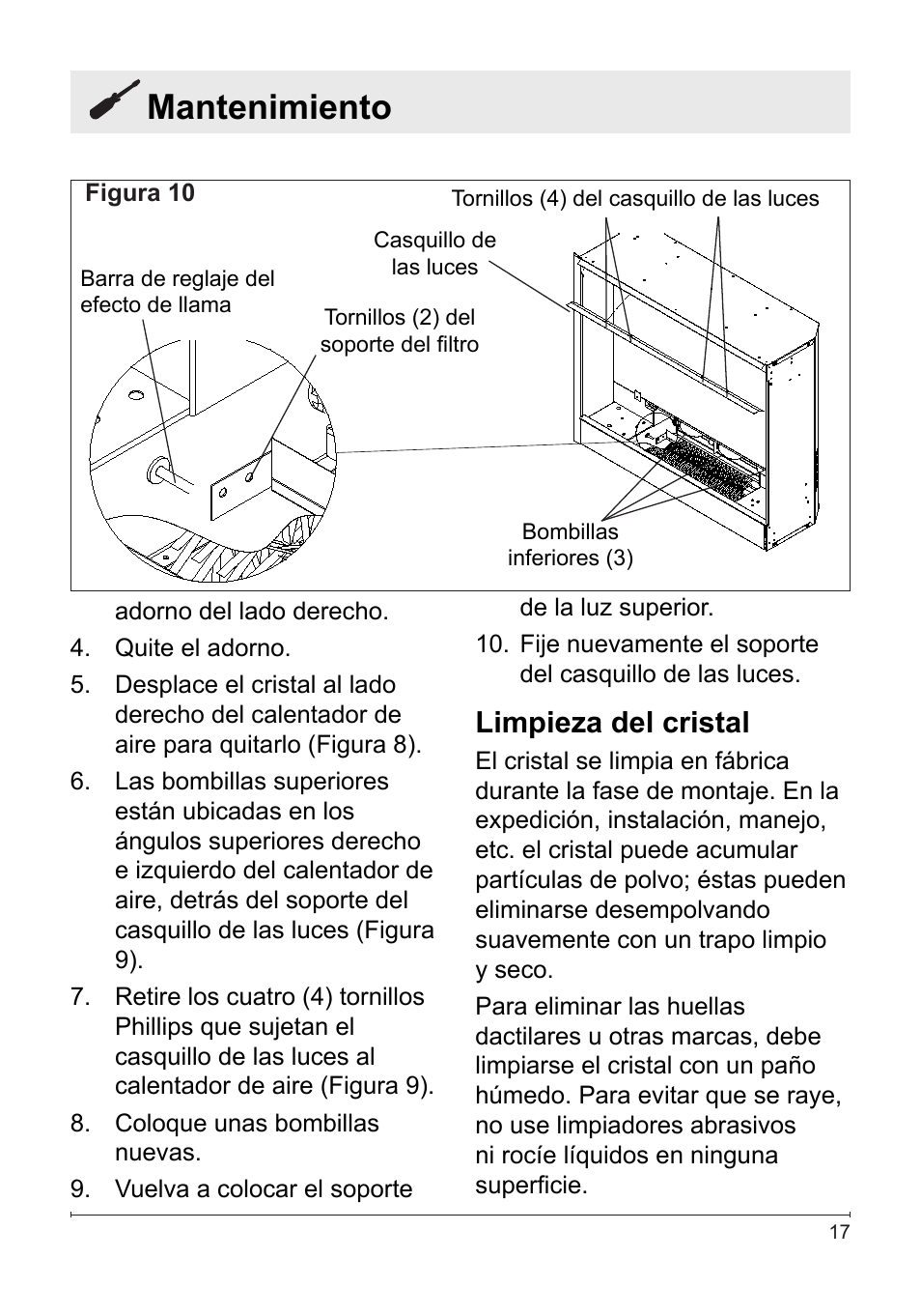 Mantenimiento, Limpieza del cristal | Dimplex DF2622SS User Manual | Page 58 / 63