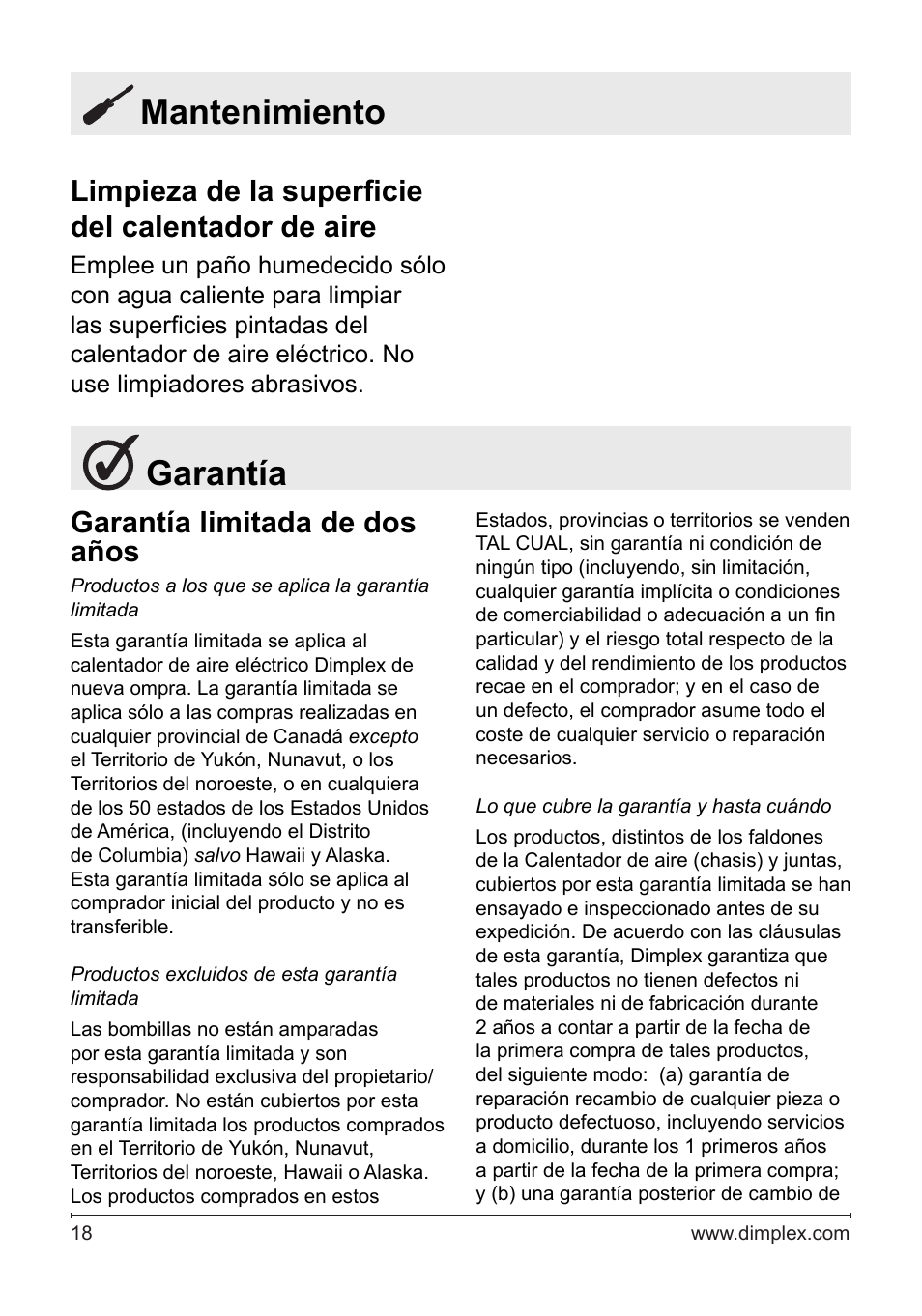 Garantía, Mantenimiento, Garantía limitada de dos años | Limpieza de la superficie del calentador de aire | Dimplex DF2622SS User Manual | Page 59 / 63