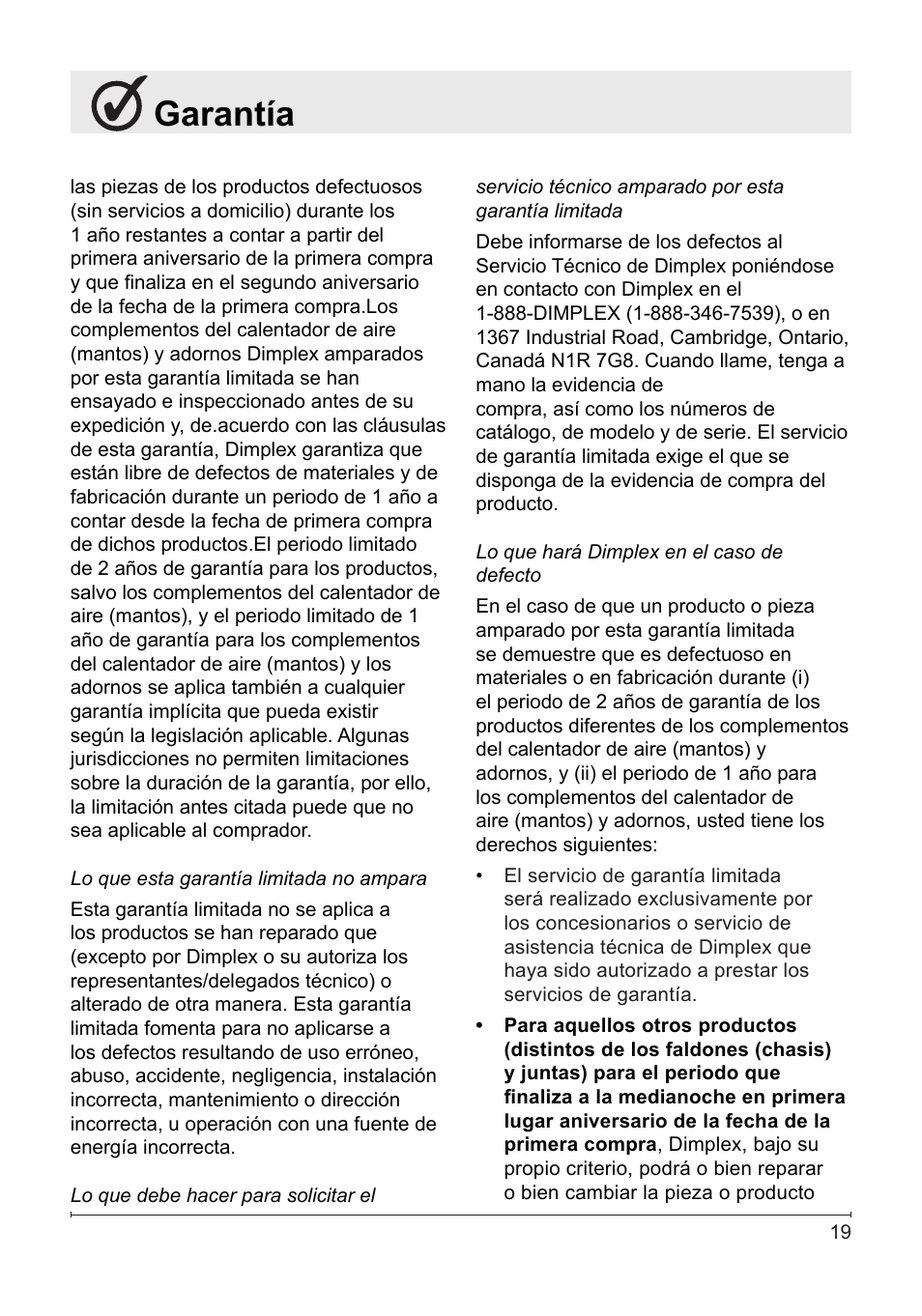 Garantía | Dimplex DF2622SS User Manual | Page 60 / 63