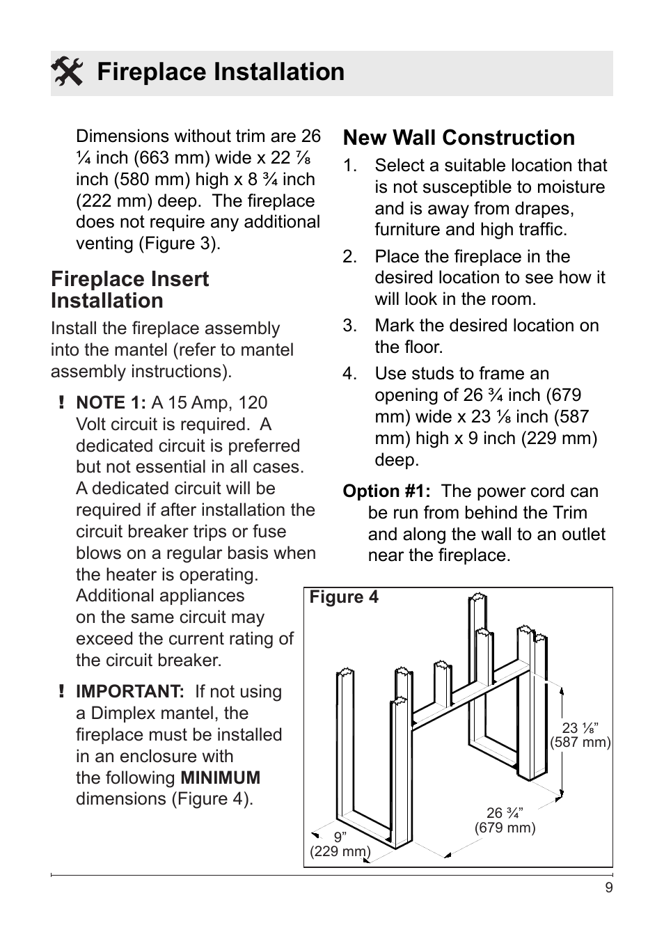 Fireplace installation, Fireplace insert installation, New wall construction | Dimplex DF2622SS User Manual | Page 9 / 63