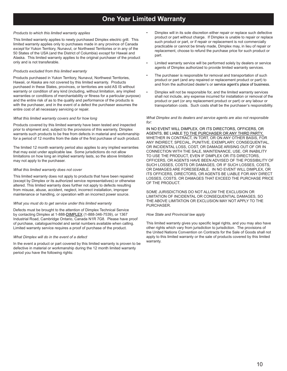 One year limited warranty | Dimplex POWER CHEF CBQ-120-ELEM User Manual | Page 13 / 13