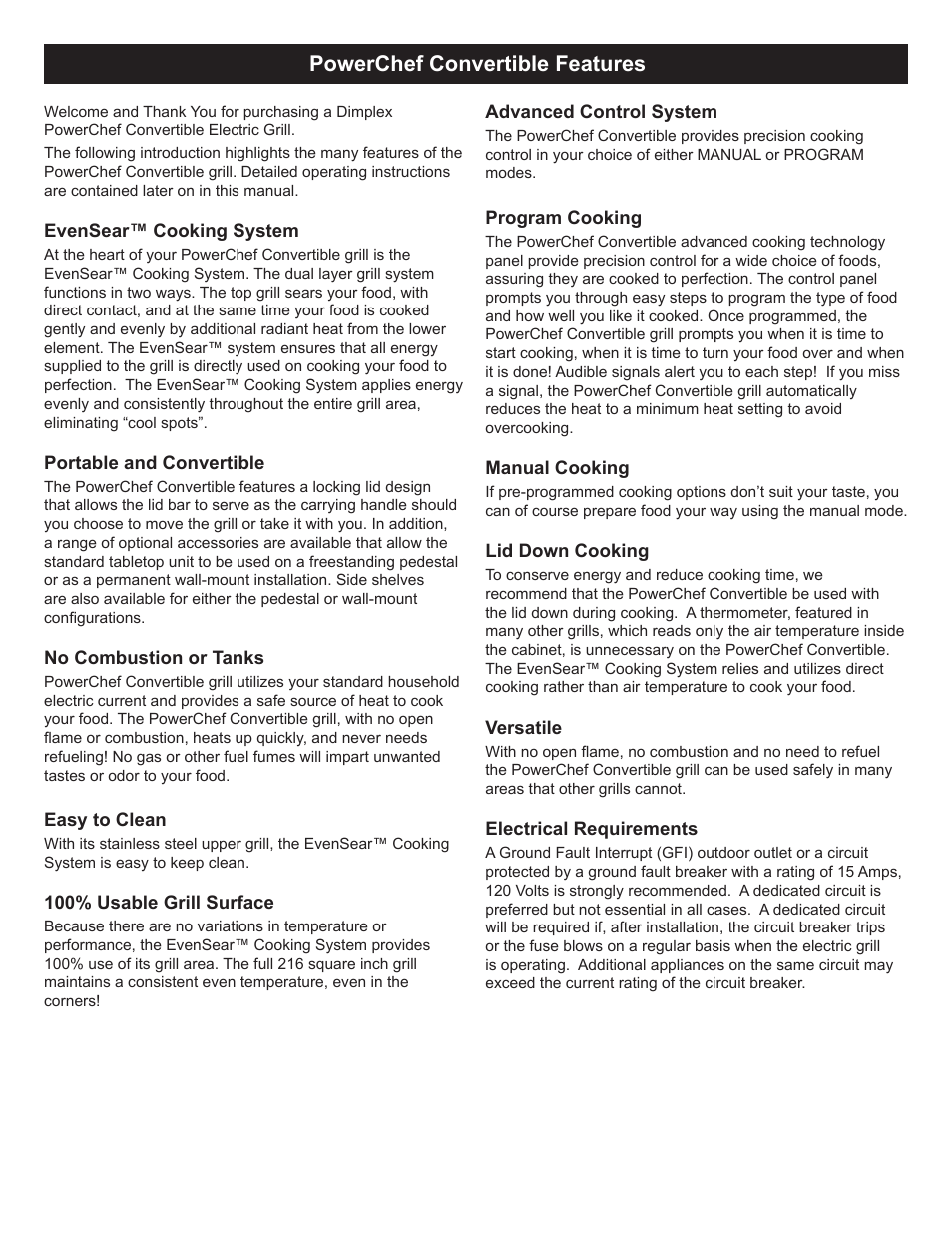 Powerchef convertible features | Dimplex POWER CHEF CBQ-120-ELEM User Manual | Page 2 / 13