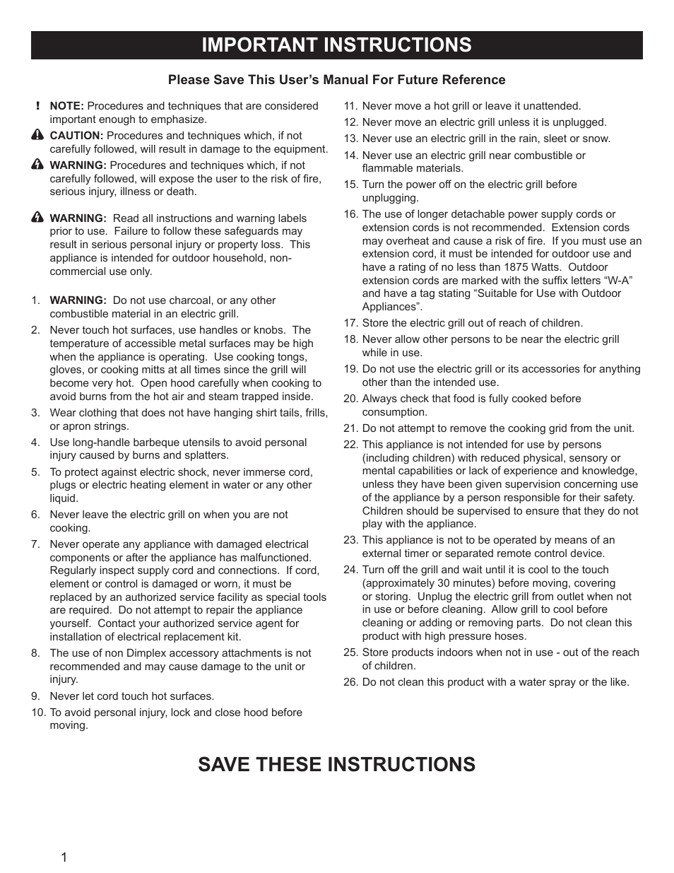 Important instructions, Save these instructions | Dimplex POWER CHEF CBQ-120-ELEM User Manual | Page 4 / 13