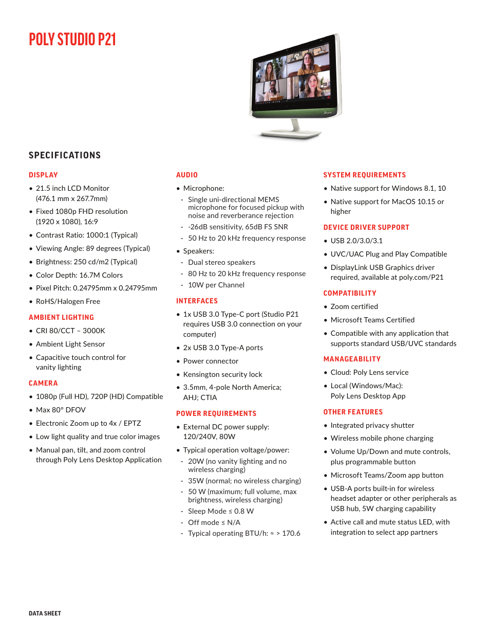 Poly studio p21 | Poly Studio P21 21.5" 16:9 Personal Meeting LCD Monitor User Manual | Page 2 / 3