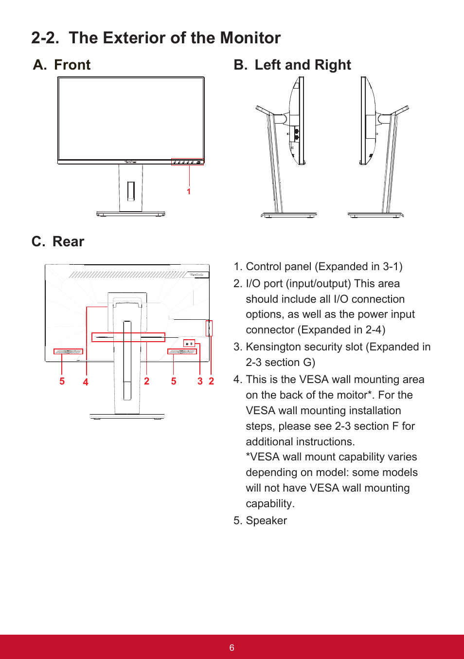 2. the exterior of the monitor, A. front b. left and right, C. rear | VIEWSONIC VG2455 24" 16:9 IPS Monitor User Manual | Page 10 / 74