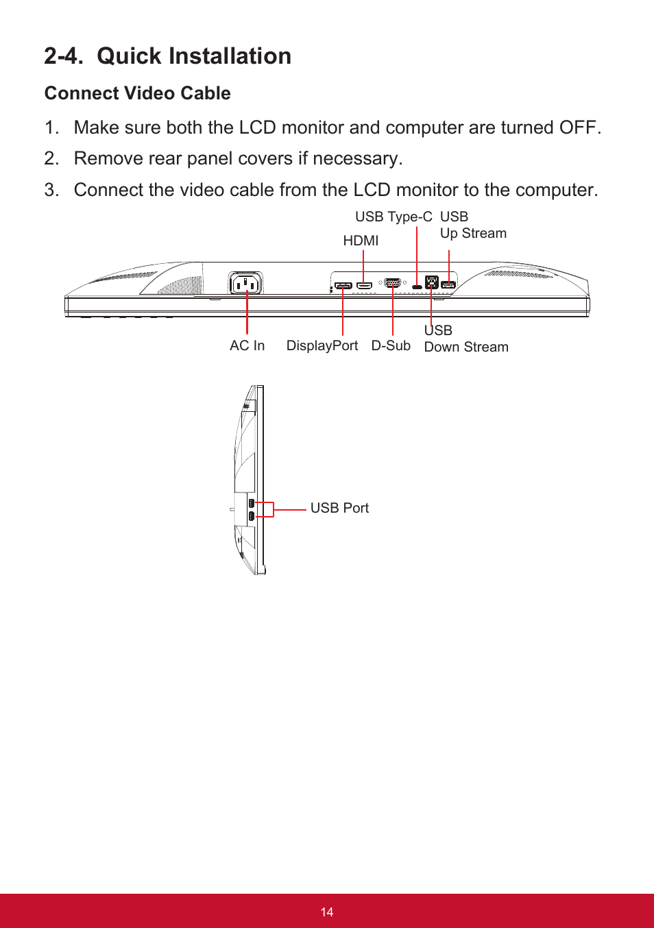 4. quick installation | VIEWSONIC VG2455 24" 16:9 IPS Monitor User Manual | Page 18 / 74