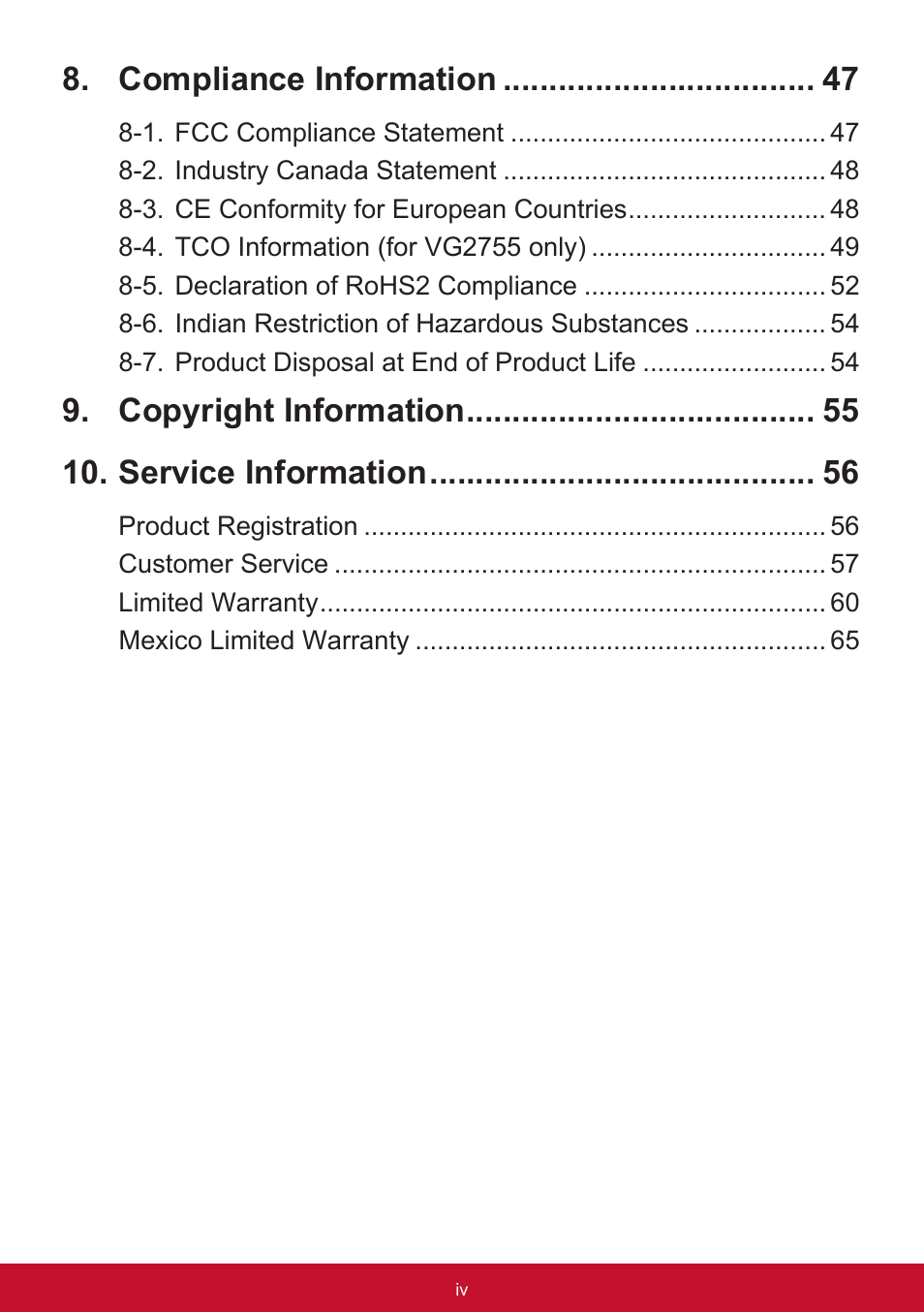 Compliance information, Copyright information 10. service information | VIEWSONIC VG2455 24" 16:9 IPS Monitor User Manual | Page 4 / 74