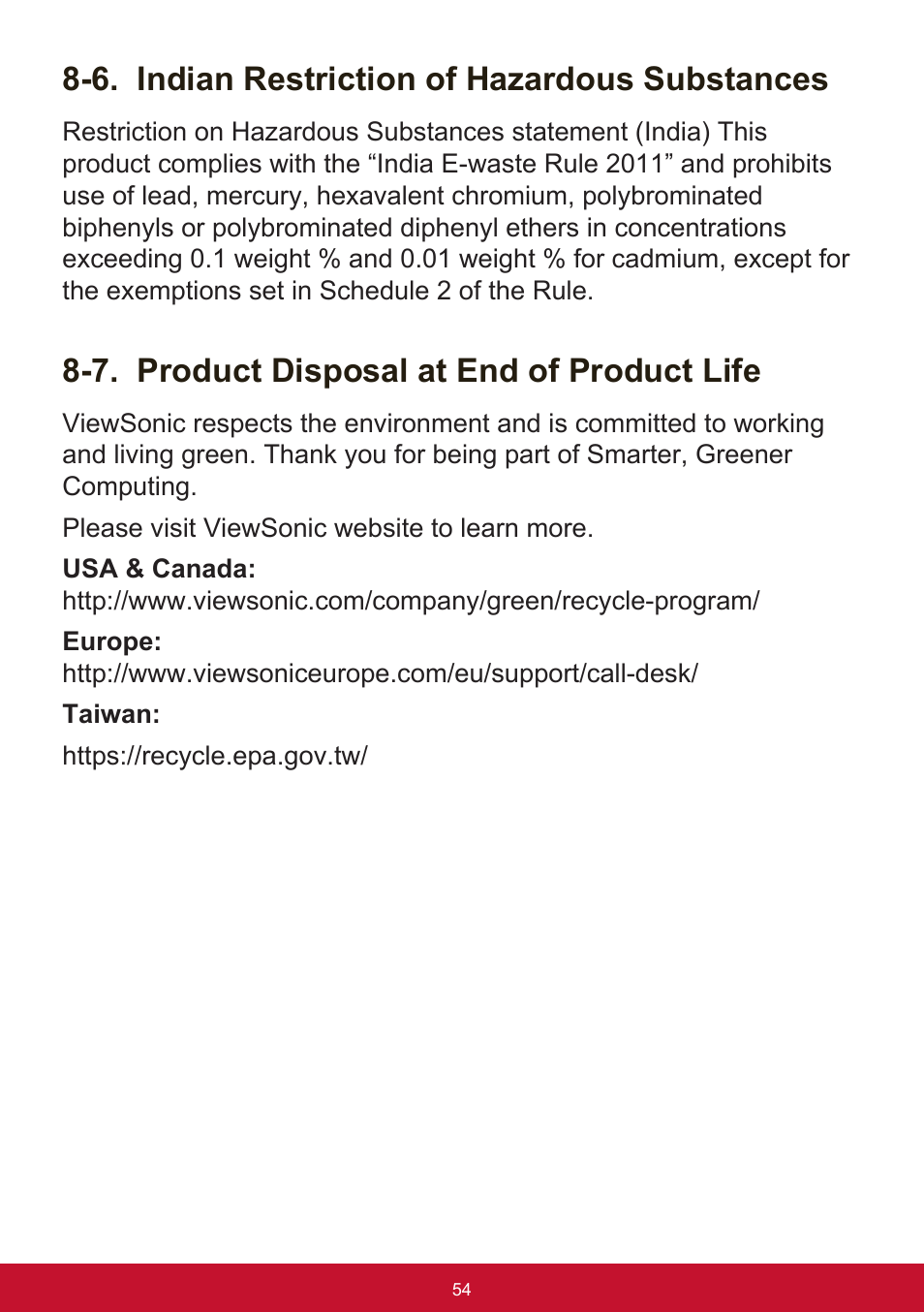 6. indian restriction of hazardous substances, 7. product disposal at end of product life | VIEWSONIC VG2455 24" 16:9 IPS Monitor User Manual | Page 58 / 74