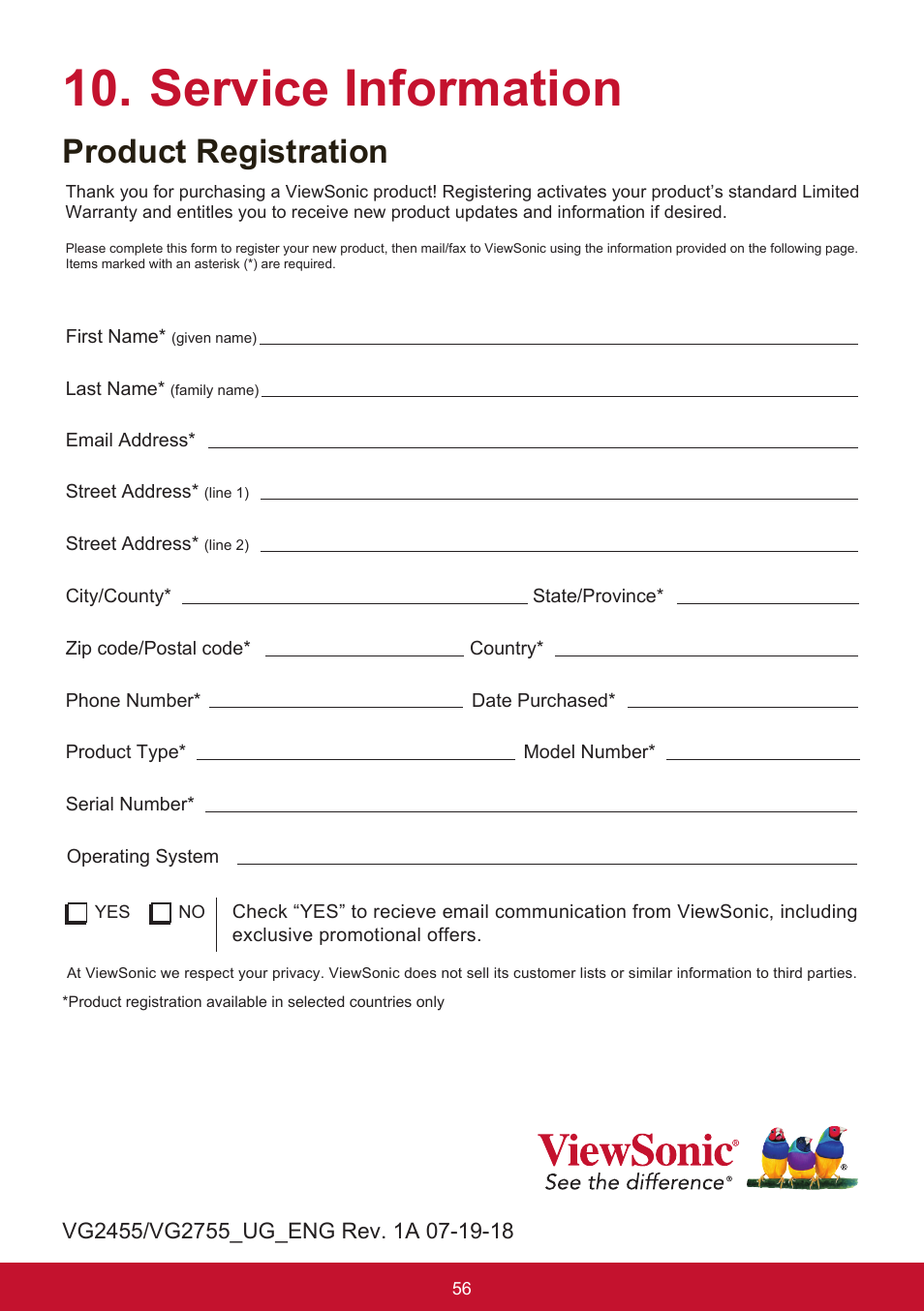 Service information, Product registration, Viewsonic | VIEWSONIC VG2455 24" 16:9 IPS Monitor User Manual | Page 60 / 74