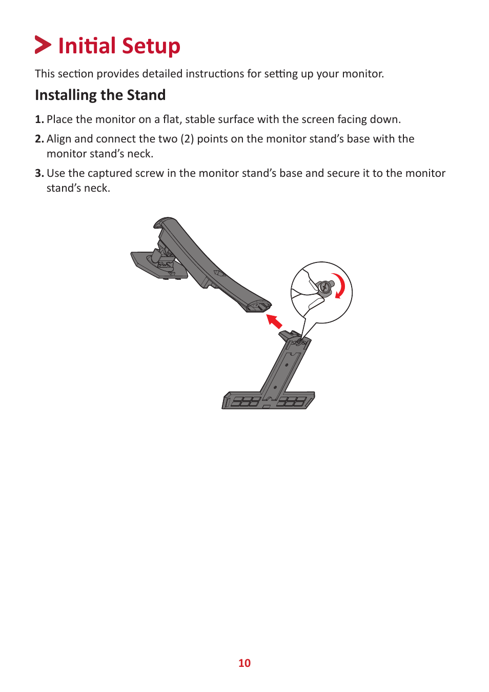 Initial setup, Installing the stand | VIEWSONIC XG320U 32" 16:9 144 Hz FreeSync IPS Gaming Monitor User Manual | Page 10 / 83