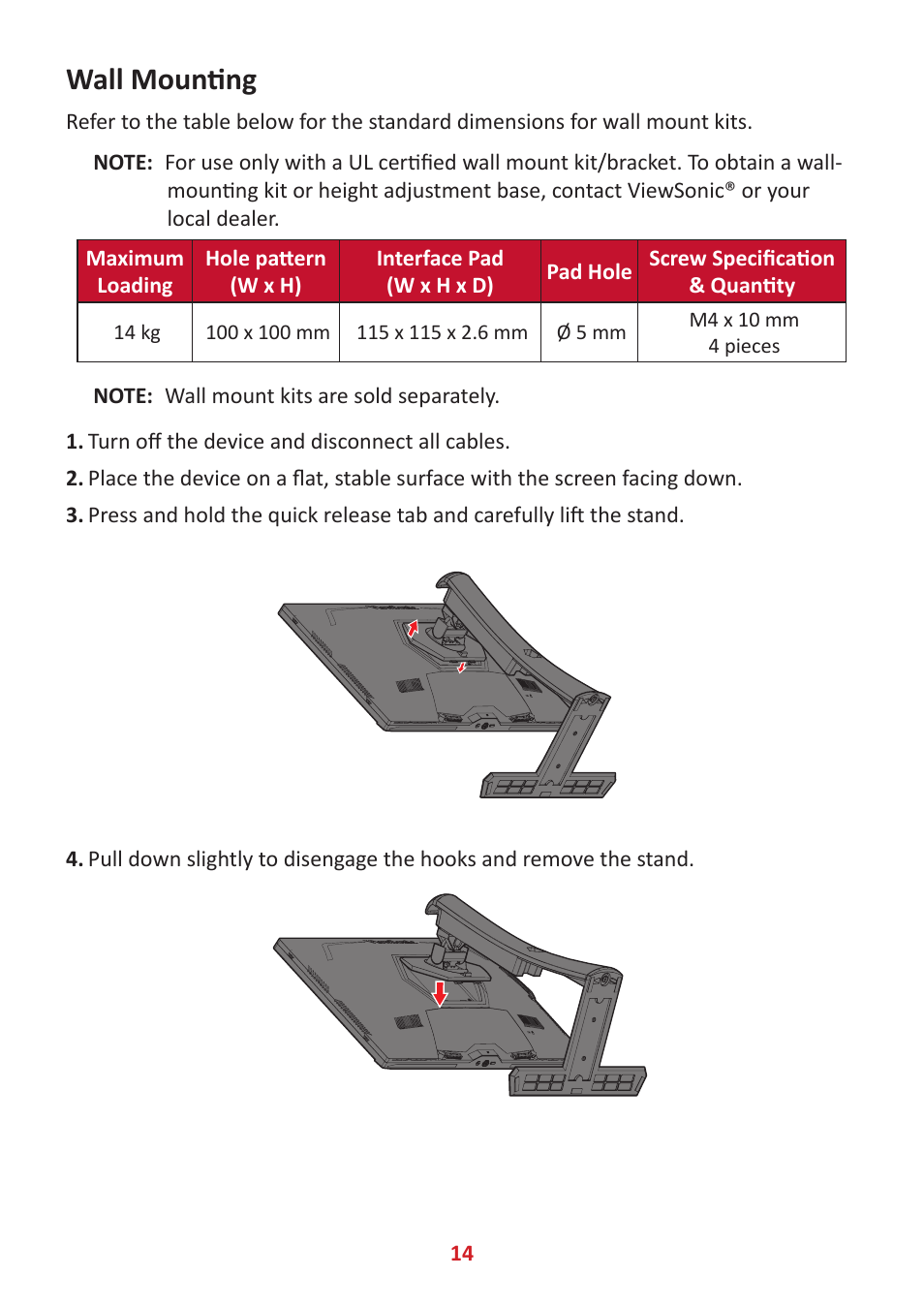 Wall mounting | VIEWSONIC XG320U 32" 16:9 144 Hz FreeSync IPS Gaming Monitor User Manual | Page 14 / 83
