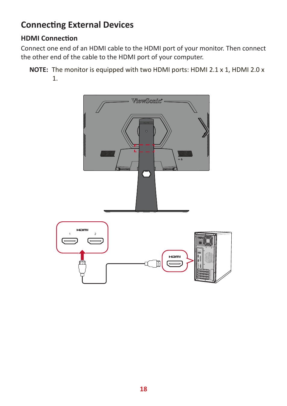 Connecting external devices, Hdmi connection | VIEWSONIC XG320U 32" 16:9 144 Hz FreeSync IPS Gaming Monitor User Manual | Page 18 / 83