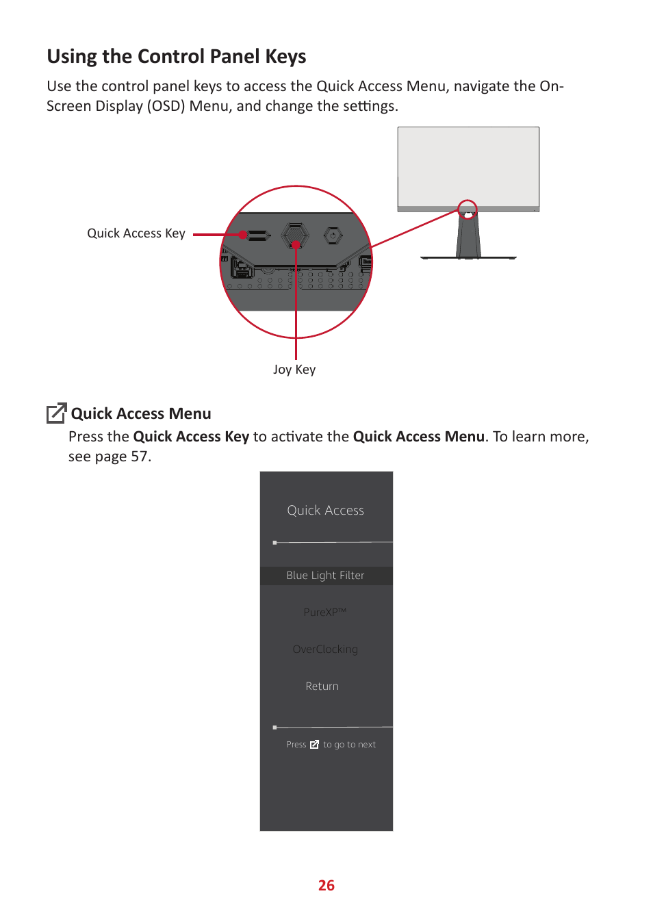 Quick access menu, Using the control panel keys | VIEWSONIC XG320U 32" 16:9 144 Hz FreeSync IPS Gaming Monitor User Manual | Page 26 / 83
