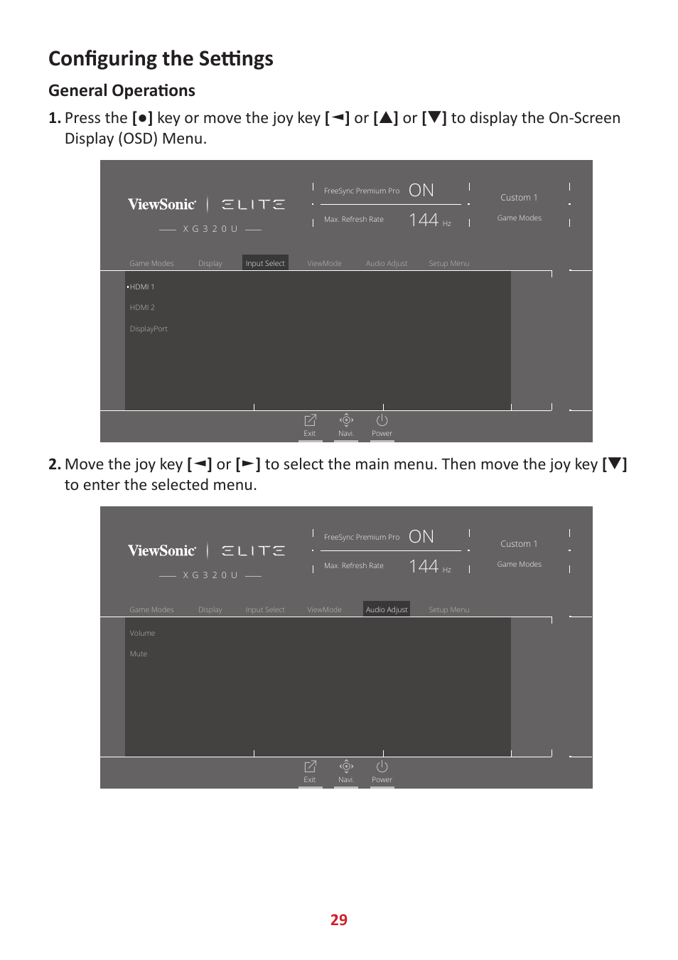 Configuring the settings, General operations | VIEWSONIC XG320U 32" 16:9 144 Hz FreeSync IPS Gaming Monitor User Manual | Page 29 / 83