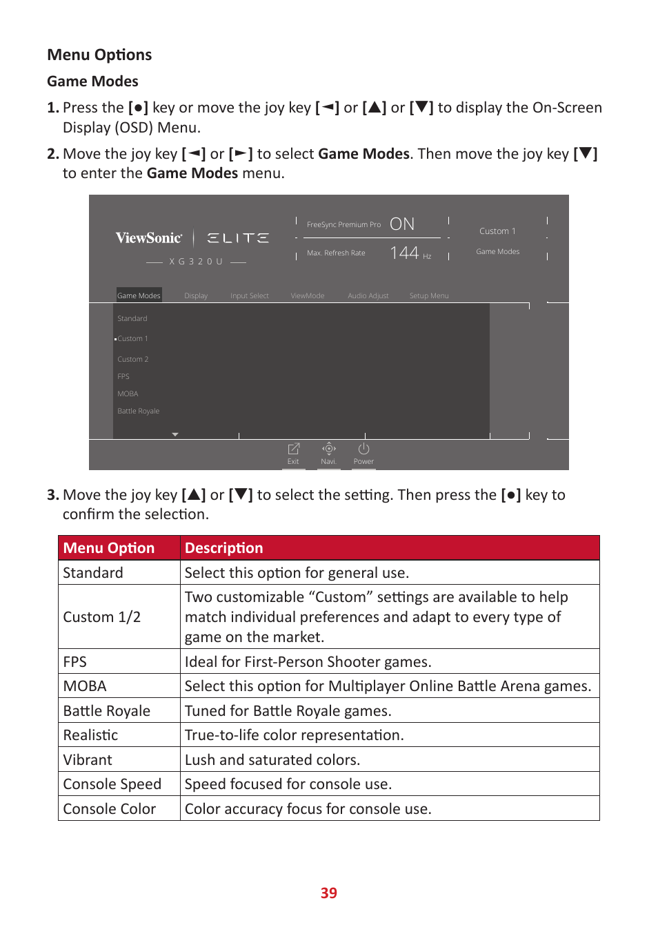 Menu options | VIEWSONIC XG320U 32" 16:9 144 Hz FreeSync IPS Gaming Monitor User Manual | Page 39 / 83
