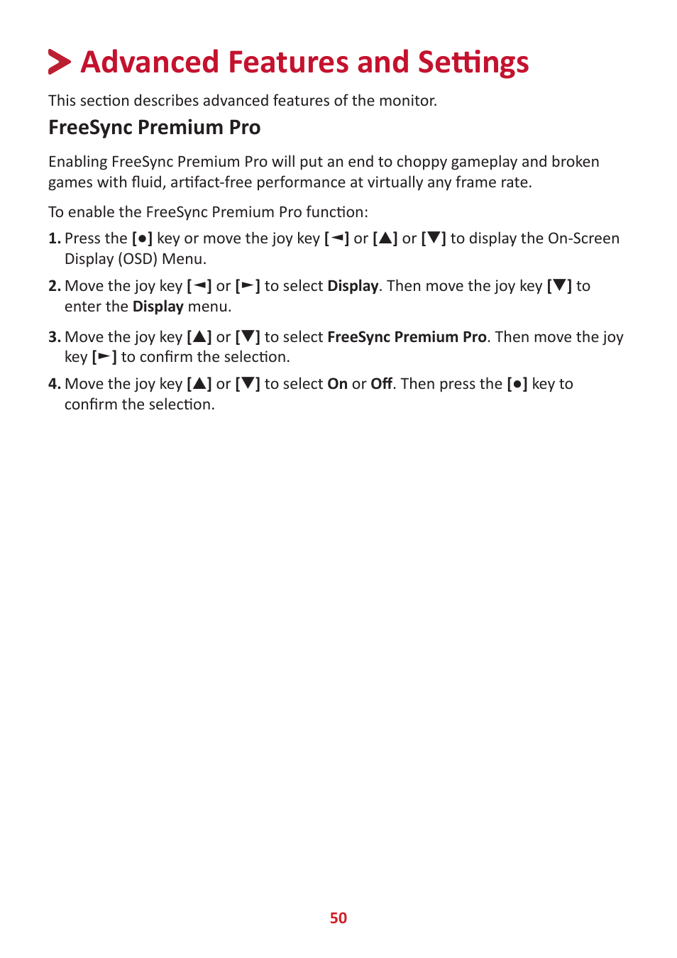 Advanced features and settings, Freesync premium pro | VIEWSONIC XG320U 32" 16:9 144 Hz FreeSync IPS Gaming Monitor User Manual | Page 50 / 83