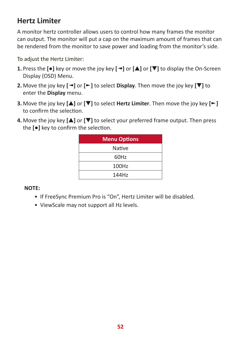 Hertz limiter | VIEWSONIC XG320U 32" 16:9 144 Hz FreeSync IPS Gaming Monitor User Manual | Page 52 / 83