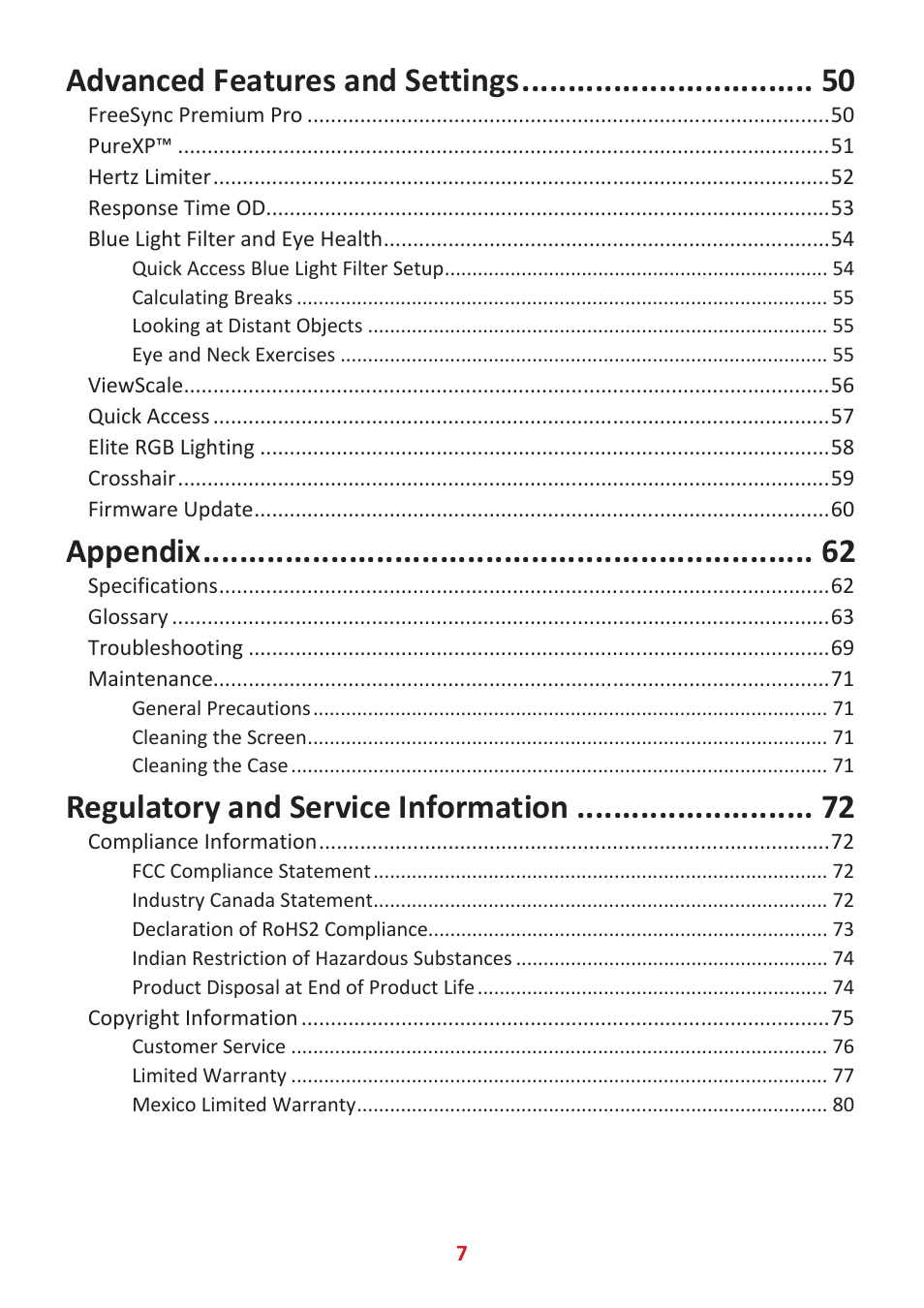 Advanced features and settings, Appendix, Regulatory and service information | VIEWSONIC XG320U 32" 16:9 144 Hz FreeSync IPS Gaming Monitor User Manual | Page 7 / 83