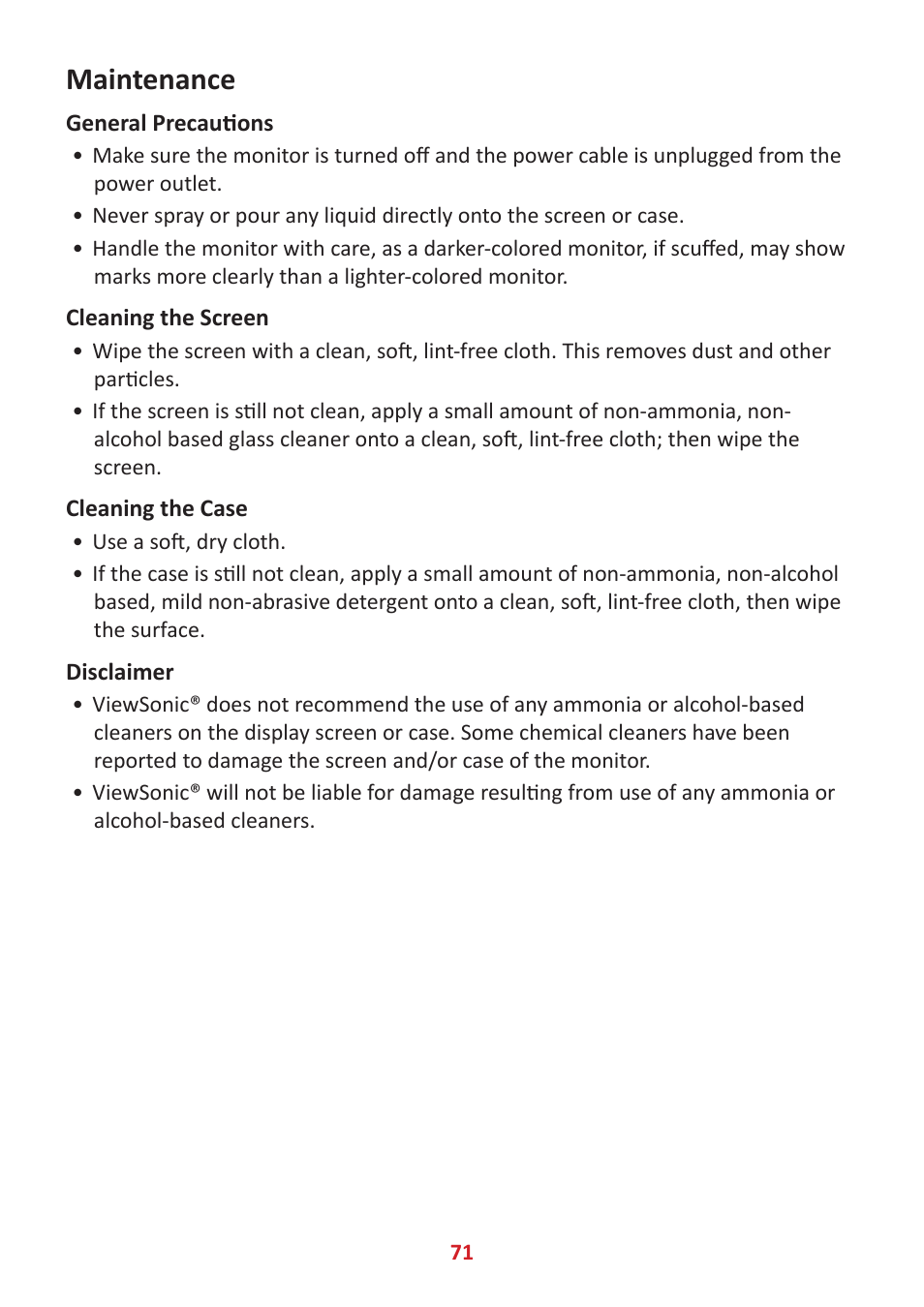 Maintenance, General precautions, Cleaning the screen | Cleaning the case | VIEWSONIC XG320U 32" 16:9 144 Hz FreeSync IPS Gaming Monitor User Manual | Page 71 / 83