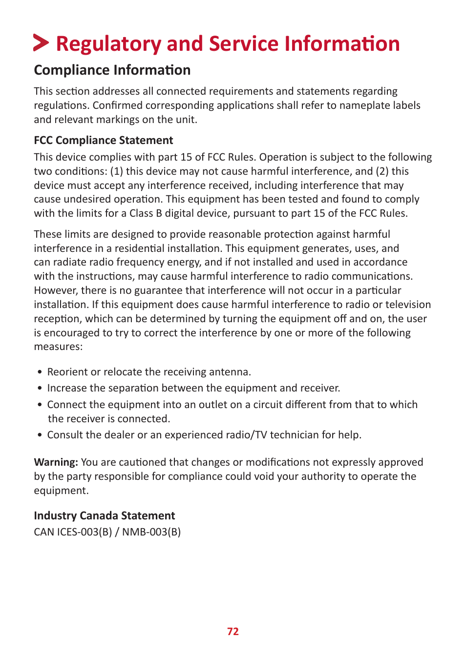 Regulatory and service information, Compliance information, Fcc compliance statement | Industry canada statement | VIEWSONIC XG320U 32" 16:9 144 Hz FreeSync IPS Gaming Monitor User Manual | Page 72 / 83