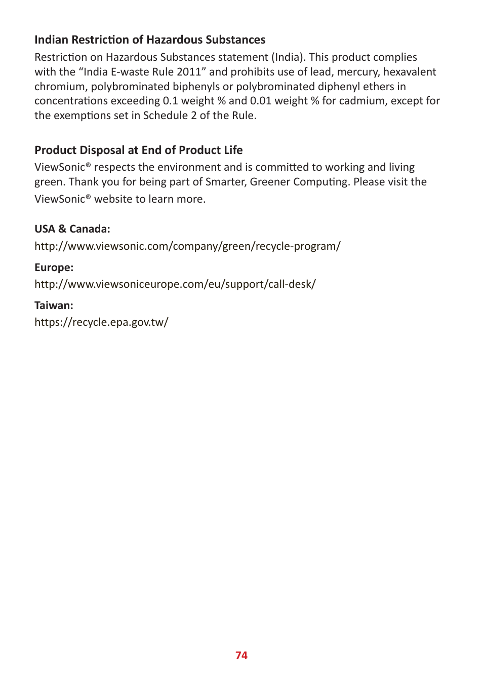 Indian restriction of hazardous substances, Product disposal at end of product life | VIEWSONIC XG320U 32" 16:9 144 Hz FreeSync IPS Gaming Monitor User Manual | Page 74 / 83