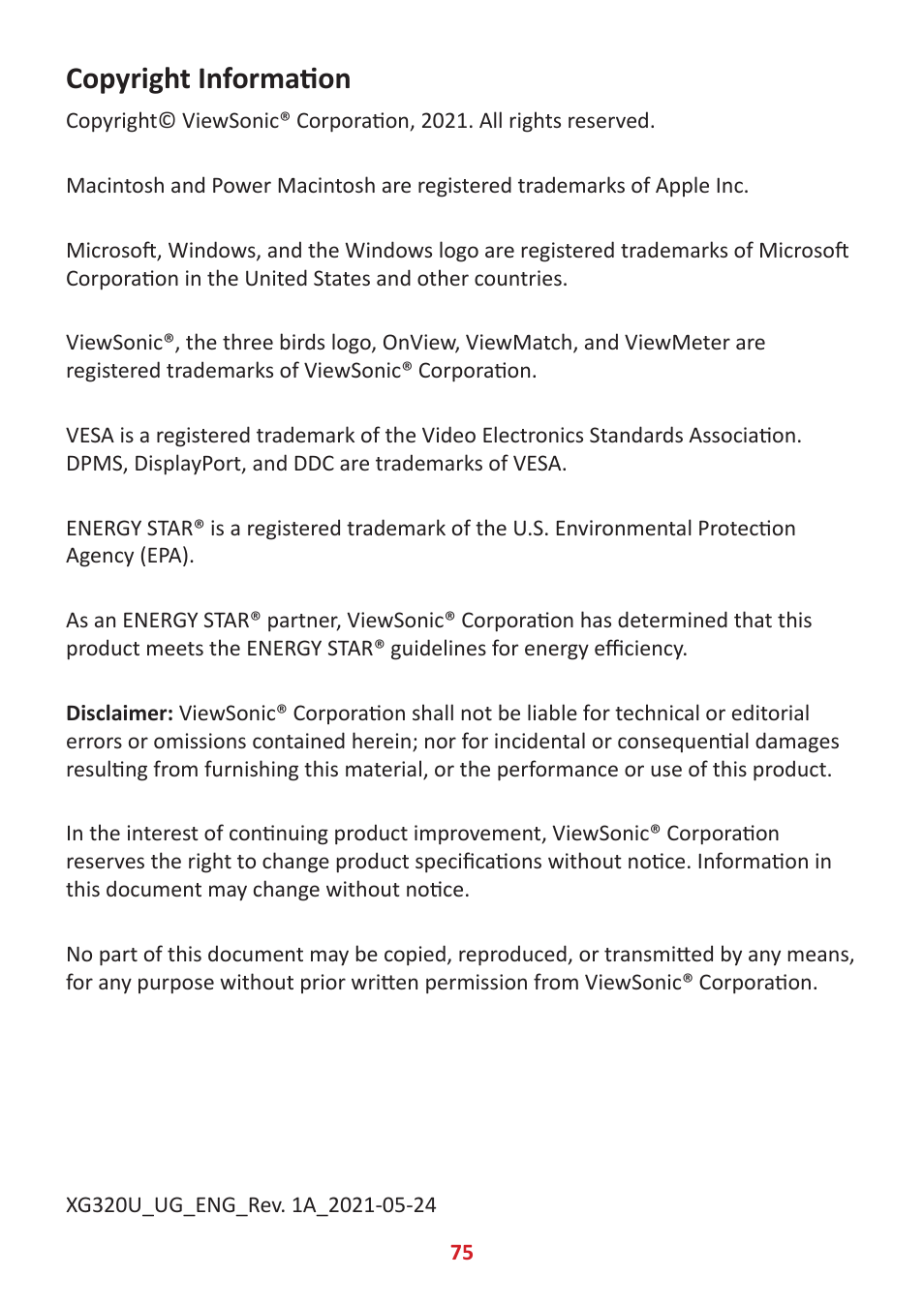 Copyright information | VIEWSONIC XG320U 32" 16:9 144 Hz FreeSync IPS Gaming Monitor User Manual | Page 75 / 83