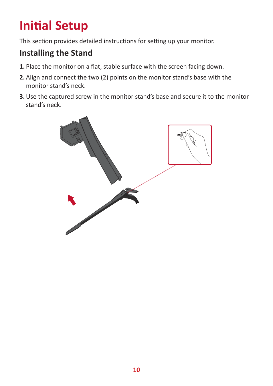 Initial setup, Installing the stand | VIEWSONIC Elite XG341C-2K 34" 1440p HDR 200 Hz Curved Ultrawide Gaming Monitor User Manual | Page 10 / 85