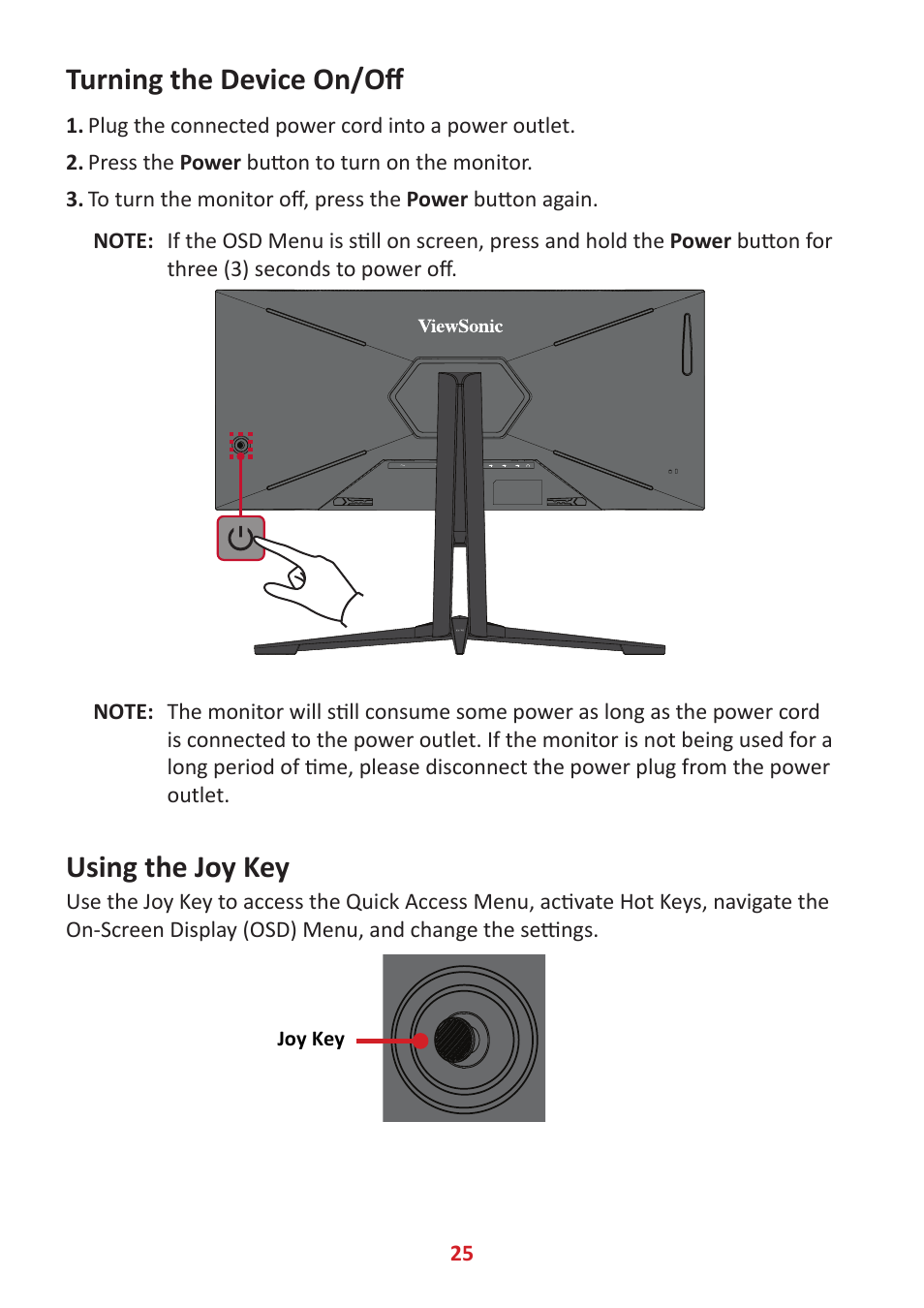 Turning the device on/off, Using the joy key | VIEWSONIC Elite XG341C-2K 34" 1440p HDR 200 Hz Curved Ultrawide Gaming Monitor User Manual | Page 25 / 85