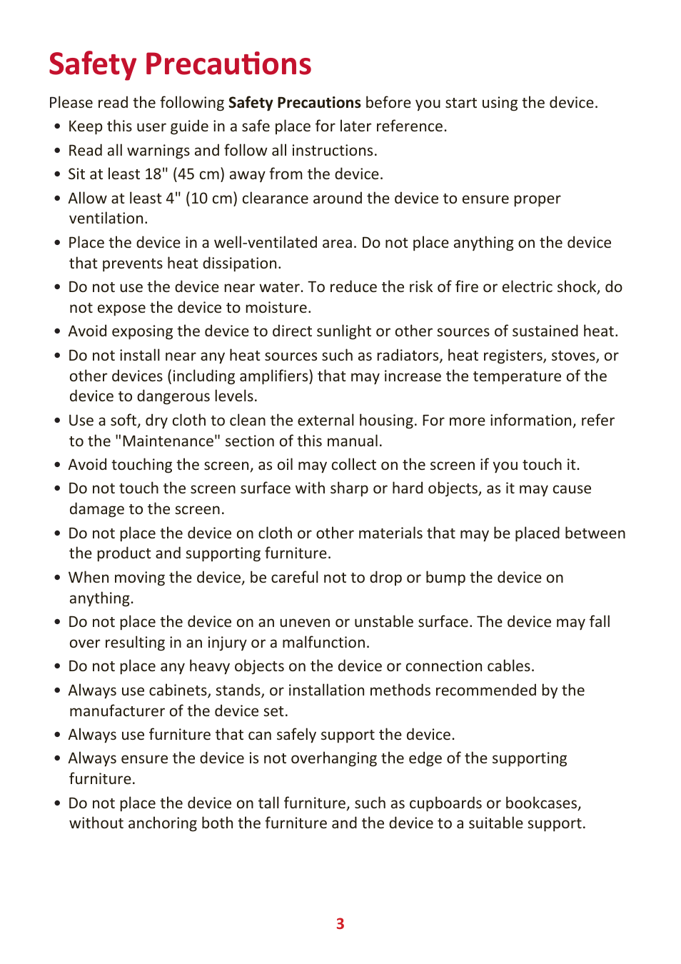 Safety precautions | VIEWSONIC Elite XG341C-2K 34" 1440p HDR 200 Hz Curved Ultrawide Gaming Monitor User Manual | Page 3 / 85