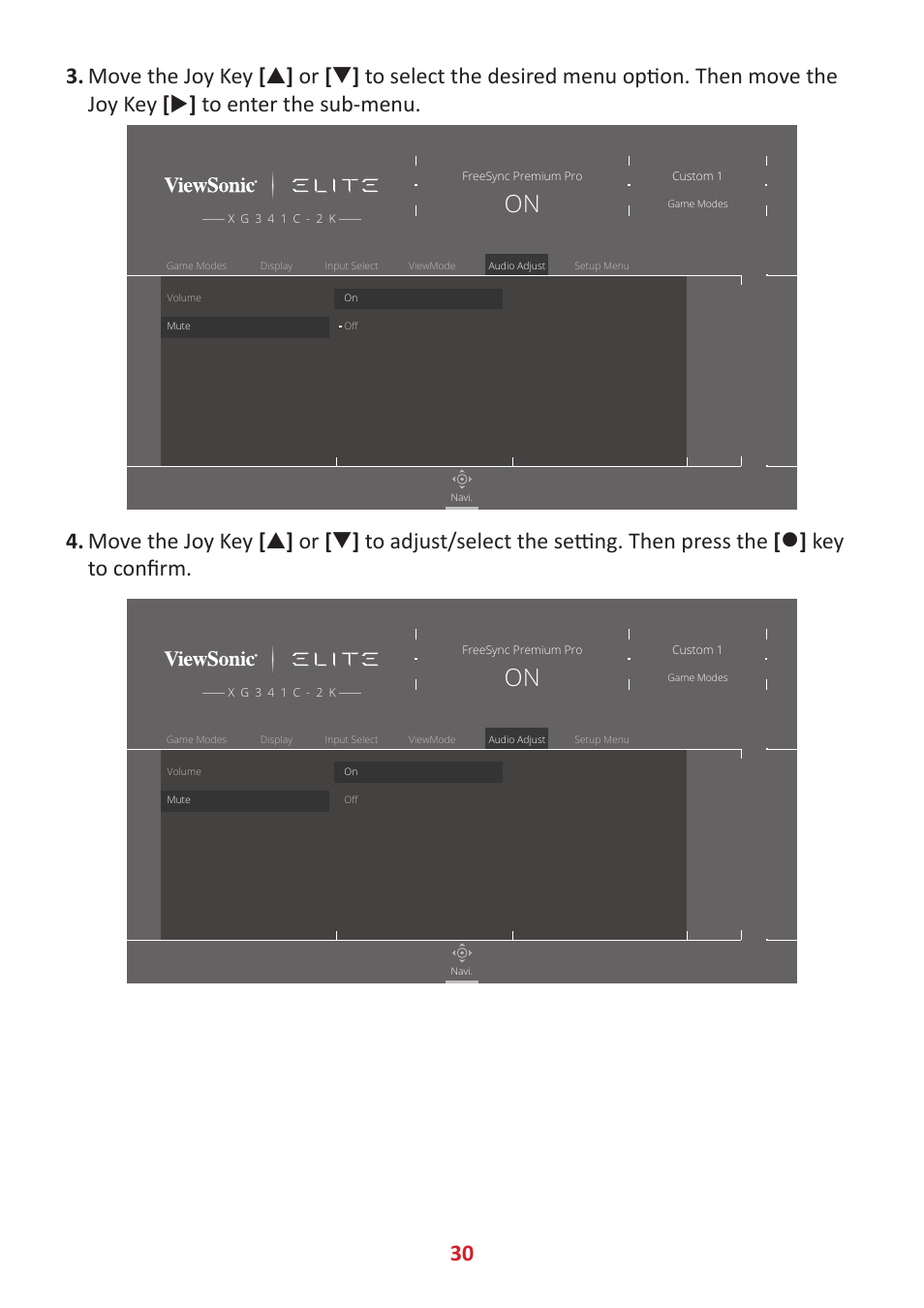 Key to confirm | VIEWSONIC Elite XG341C-2K 34" 1440p HDR 200 Hz Curved Ultrawide Gaming Monitor User Manual | Page 30 / 85