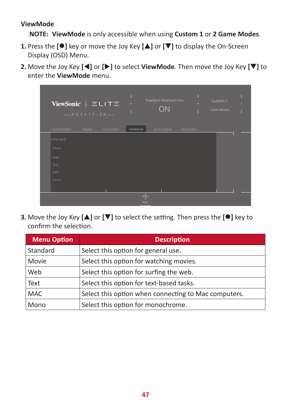 VIEWSONIC Elite XG341C-2K 34" 1440p HDR 200 Hz Curved Ultrawide Gaming Monitor User Manual | Page 47 / 85