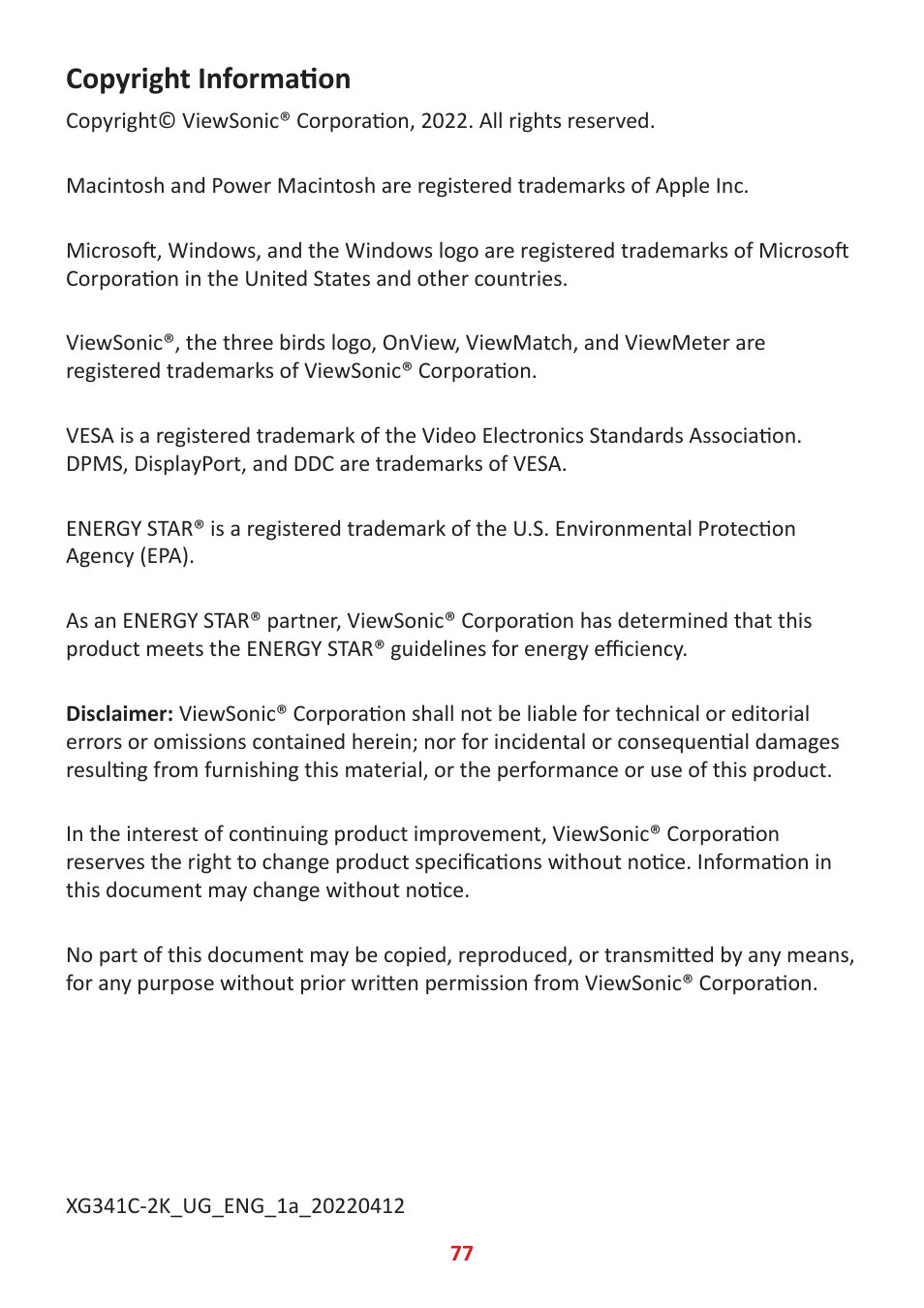 Copyright information | VIEWSONIC Elite XG341C-2K 34" 1440p HDR 200 Hz Curved Ultrawide Gaming Monitor User Manual | Page 77 / 85