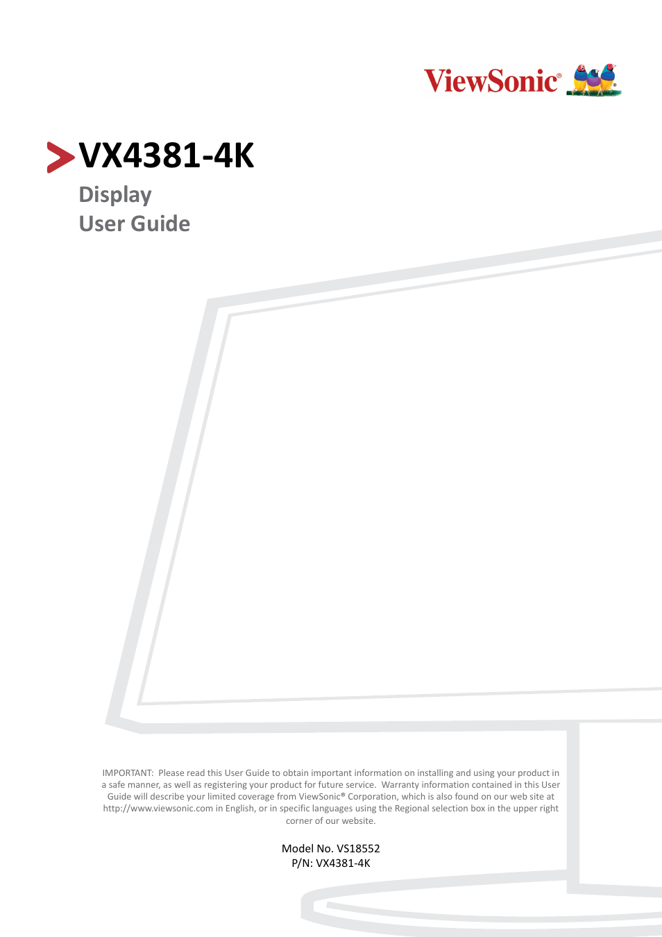 VIEWSONIC VX4381-4K 42.5" 16:9 4K HDR10 MVA Monitor User Manual | 49 pages