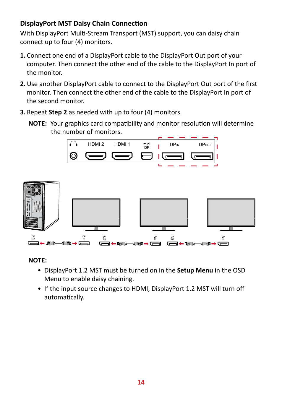 Displayport mst daisy chain connection | VIEWSONIC VX4381-4K 42.5" 16:9 4K HDR10 MVA Monitor User Manual | Page 14 / 49