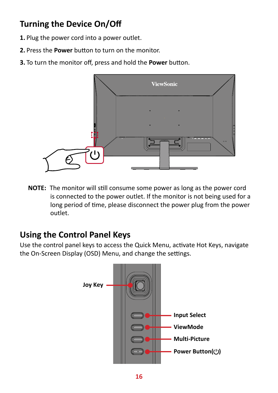 Turning the device on/off, Using the control panel keys | VIEWSONIC VX4381-4K 42.5" 16:9 4K HDR10 MVA Monitor User Manual | Page 16 / 49