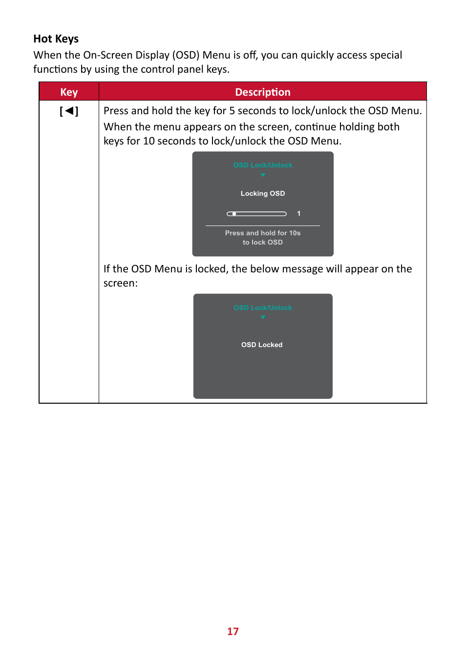 Hot keys | VIEWSONIC VX4381-4K 42.5" 16:9 4K HDR10 MVA Monitor User Manual | Page 17 / 49