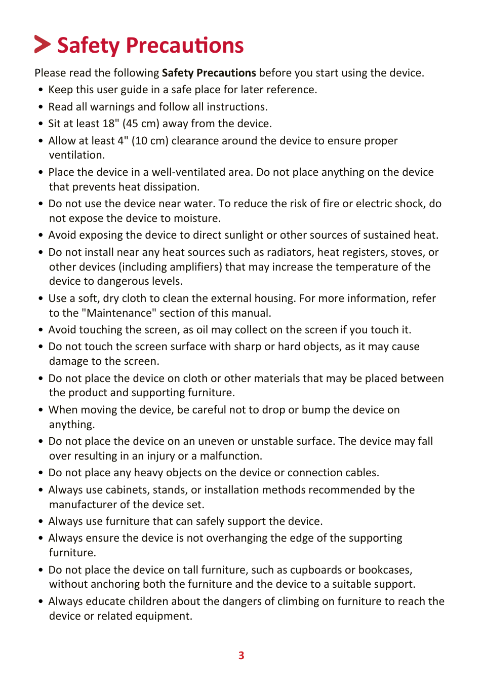 Safety precautions | VIEWSONIC VX4381-4K 42.5" 16:9 4K HDR10 MVA Monitor User Manual | Page 3 / 49